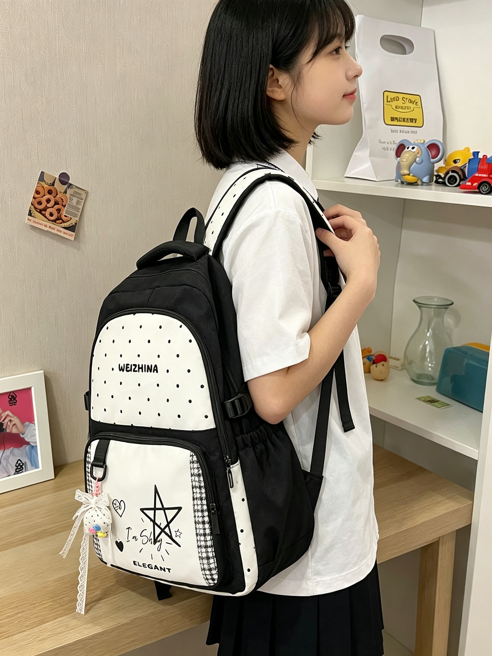 Black Polka Dot and Houndstooth Backpack