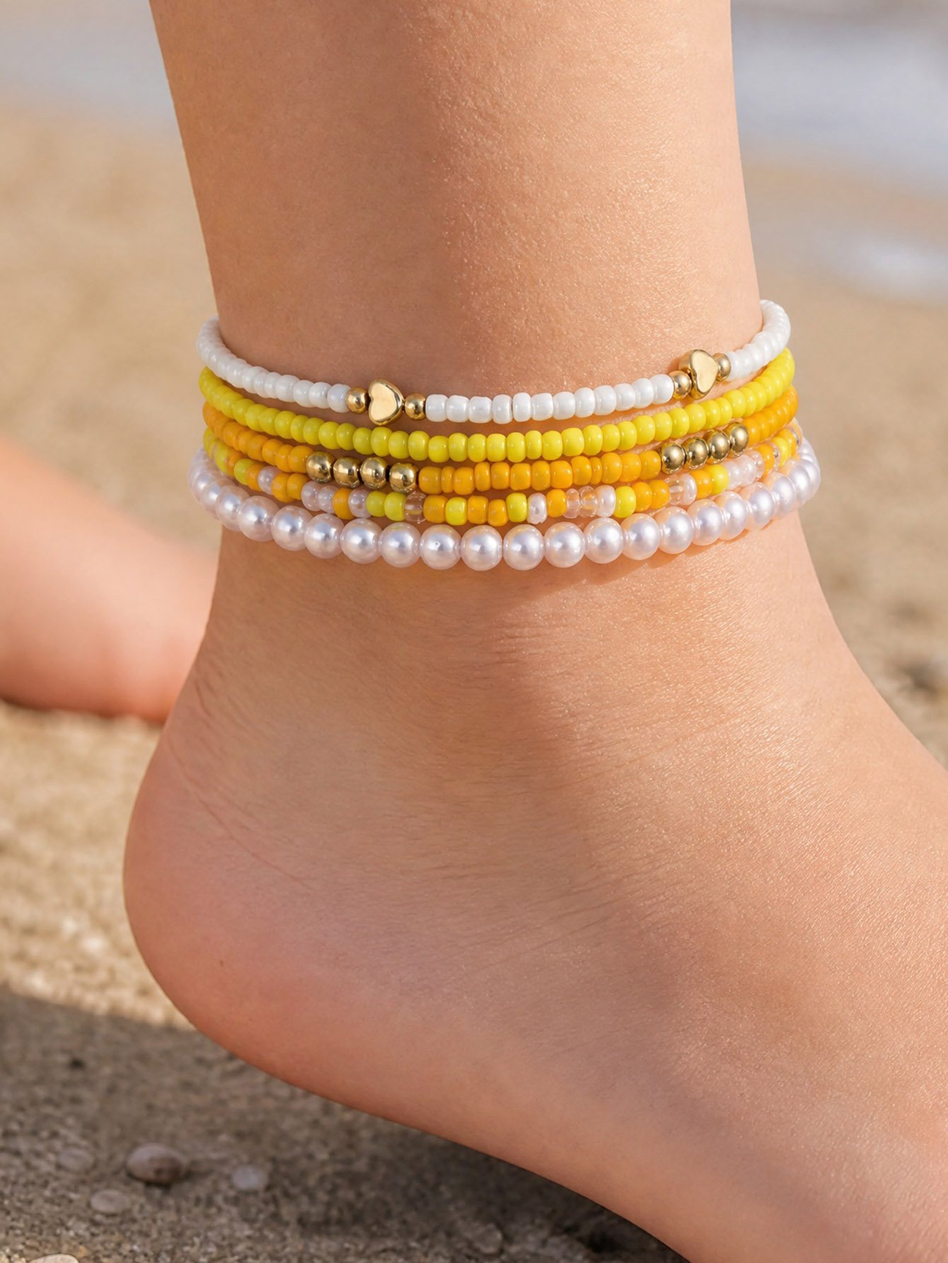 Multi-Colored Beaded Anklet Set with Heart Accents