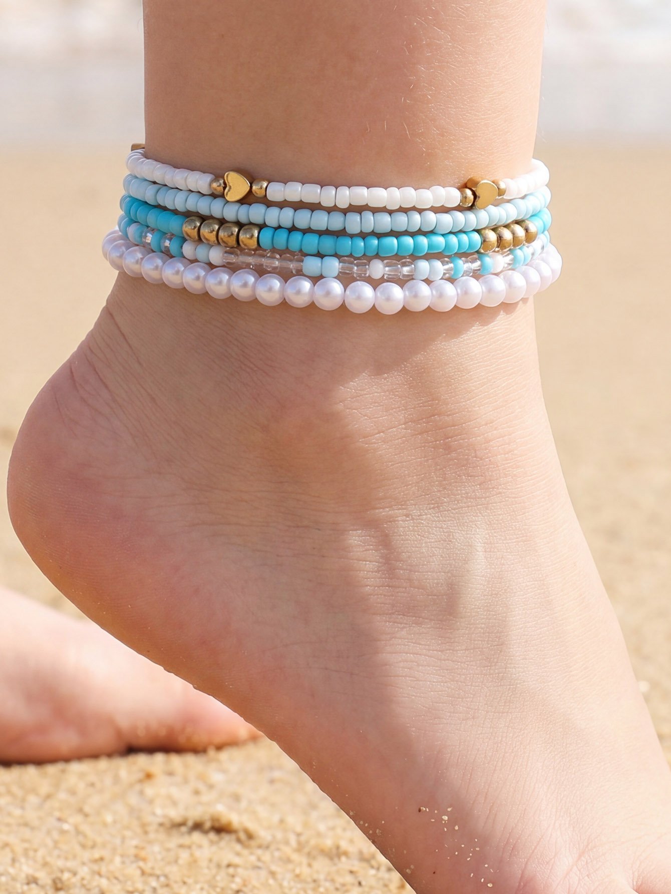 Multi-Layered Beach Anklet Set with Heart Charm