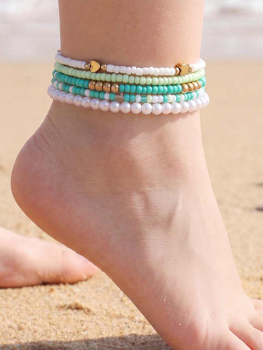 Set of 5 - Multi-Color Beaded Anklet with Heart Charm