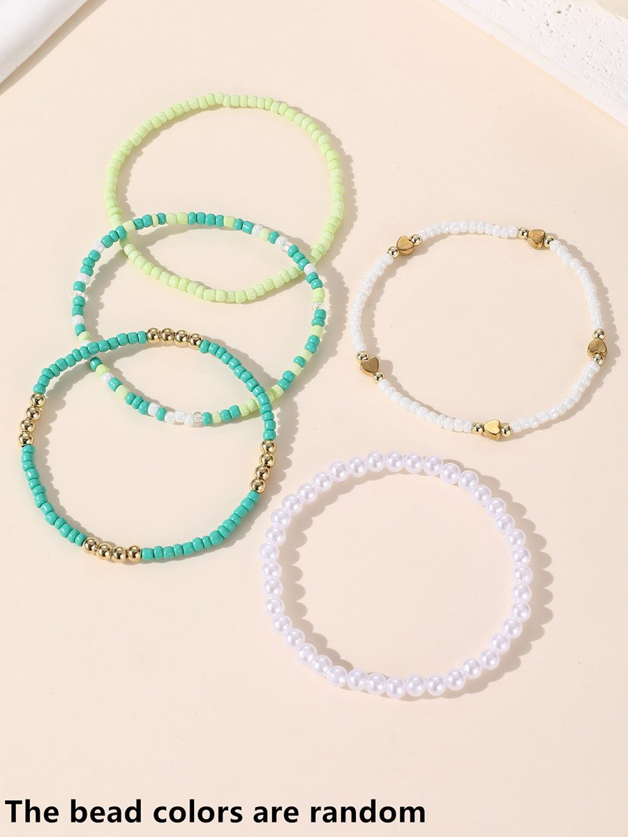 Set of 5 - Multi-Color Beaded Anklet with Heart Charm