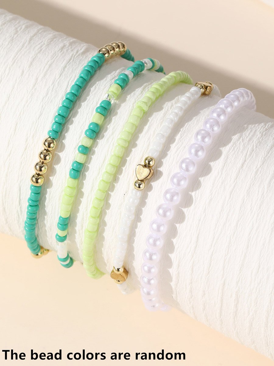 Set of 5 - Multi-Color Beaded Anklet with Heart Charm