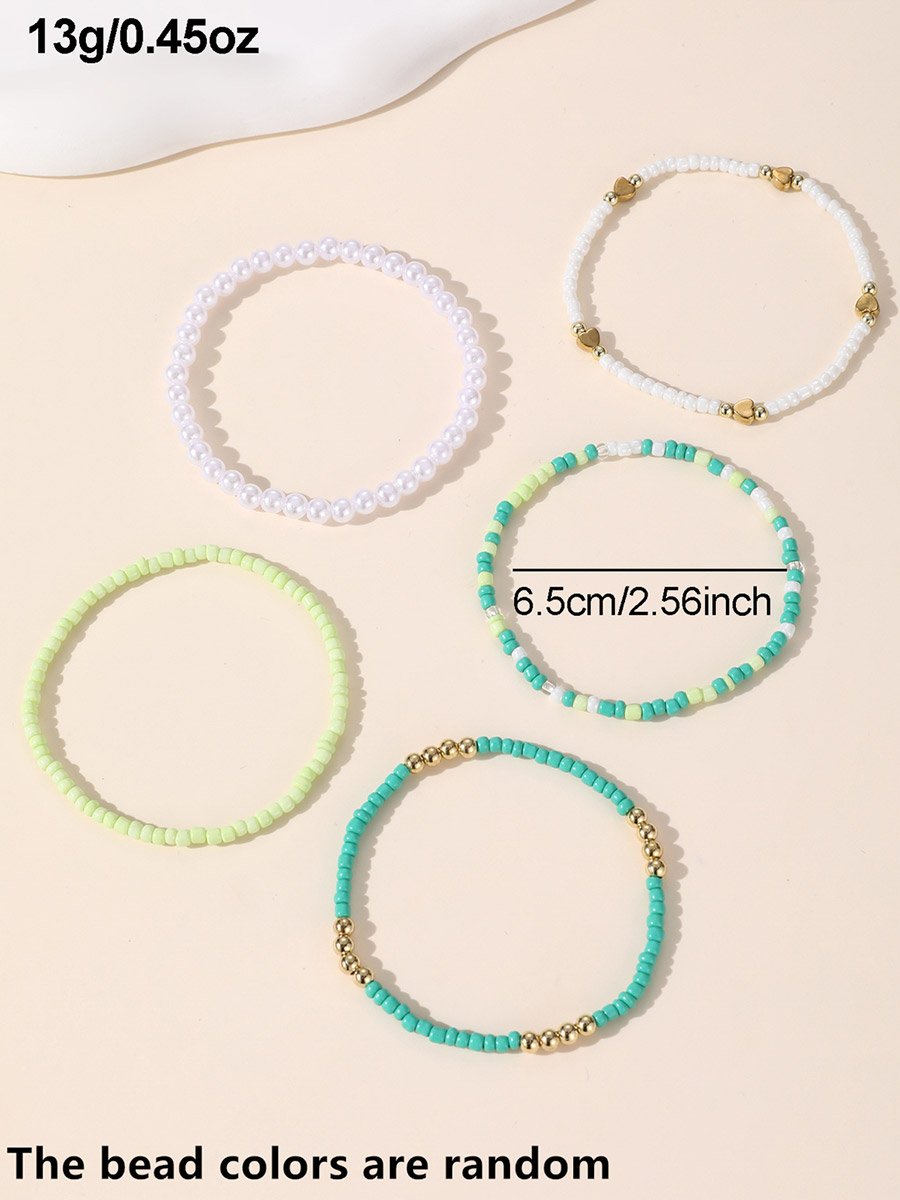 Set of 5 - Multi-Color Beaded Anklet with Heart Charm