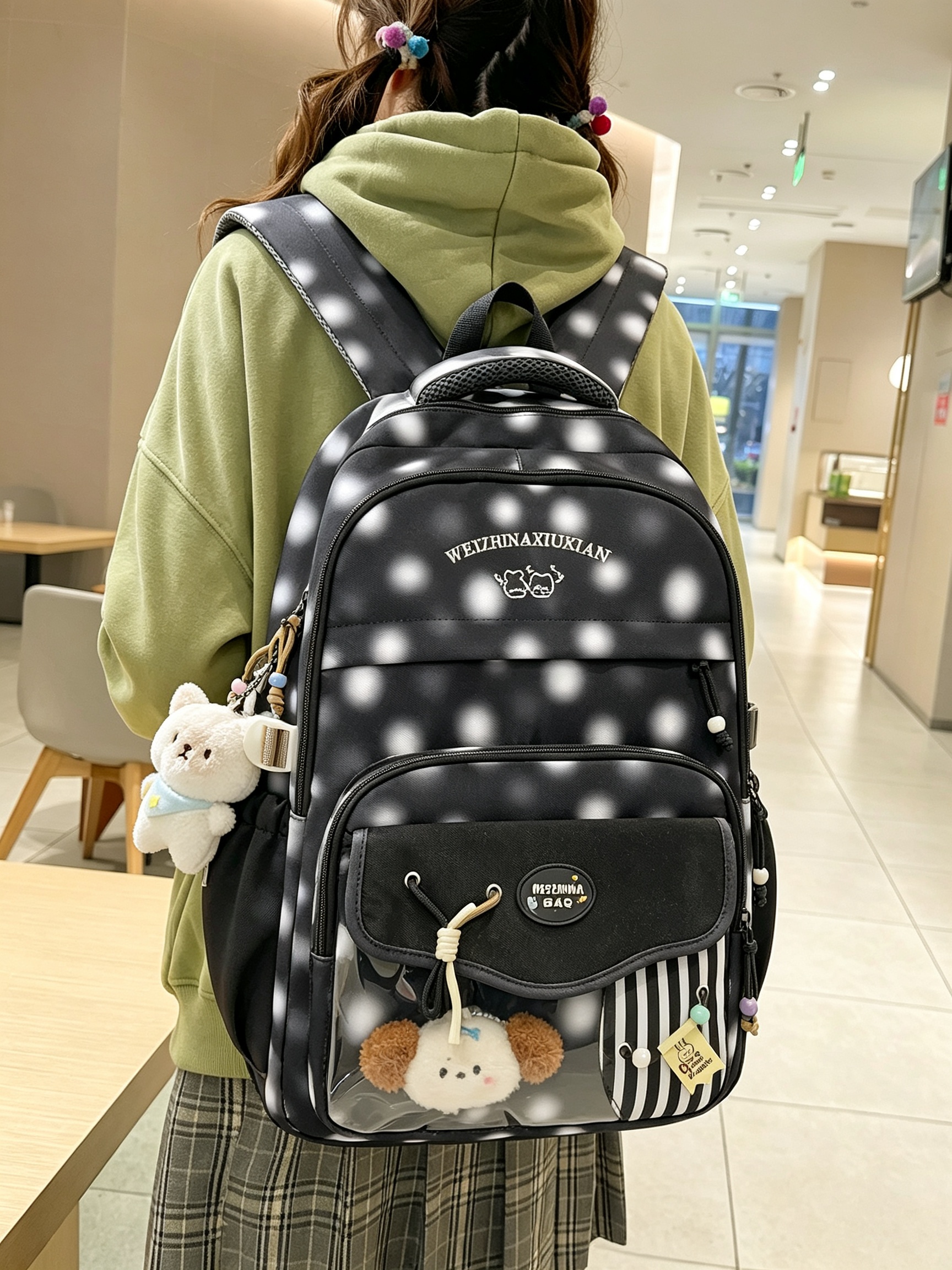Black Polka Dot Backpack with Charm