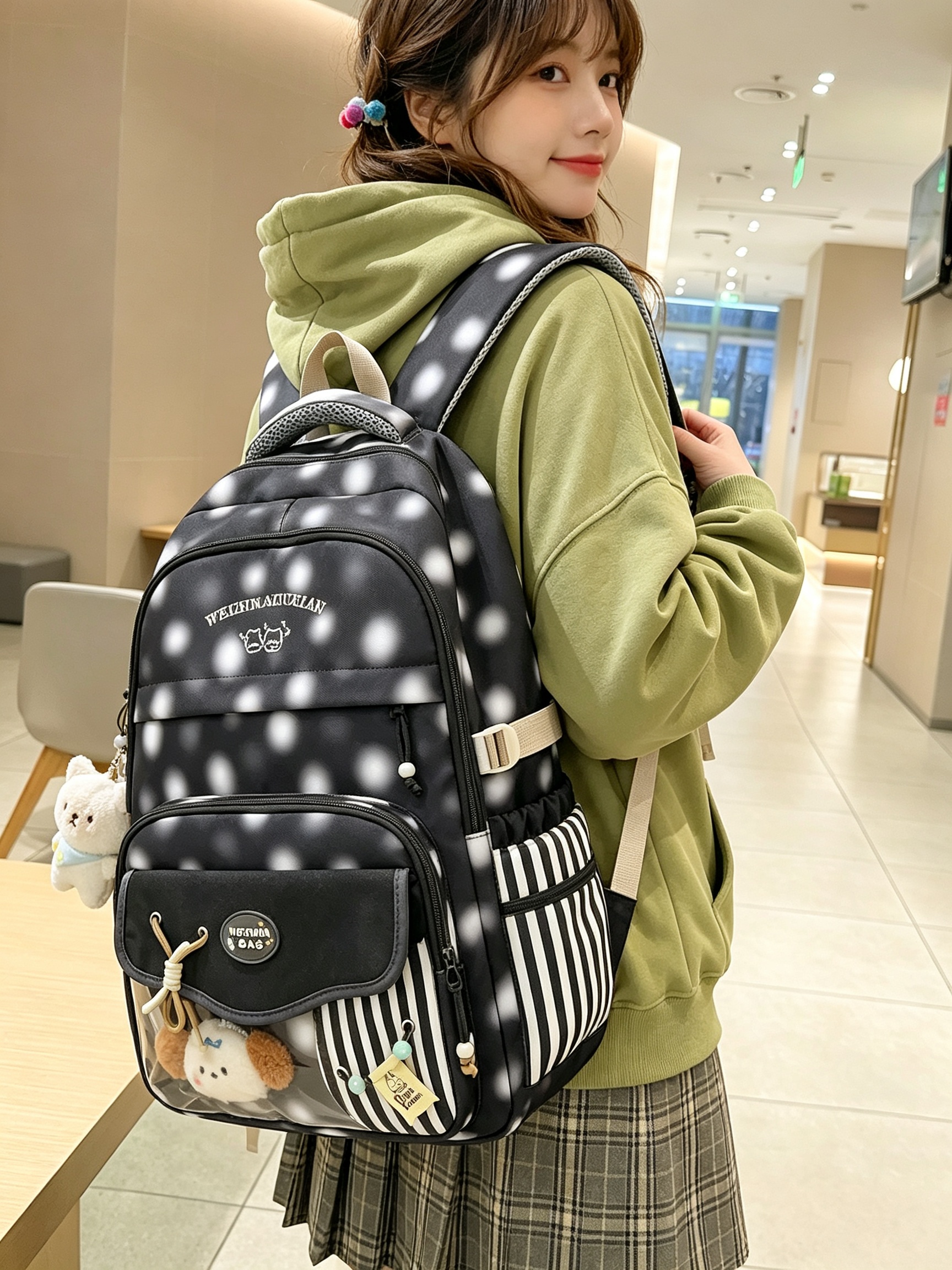 Black Polka Dot Backpack with Charm