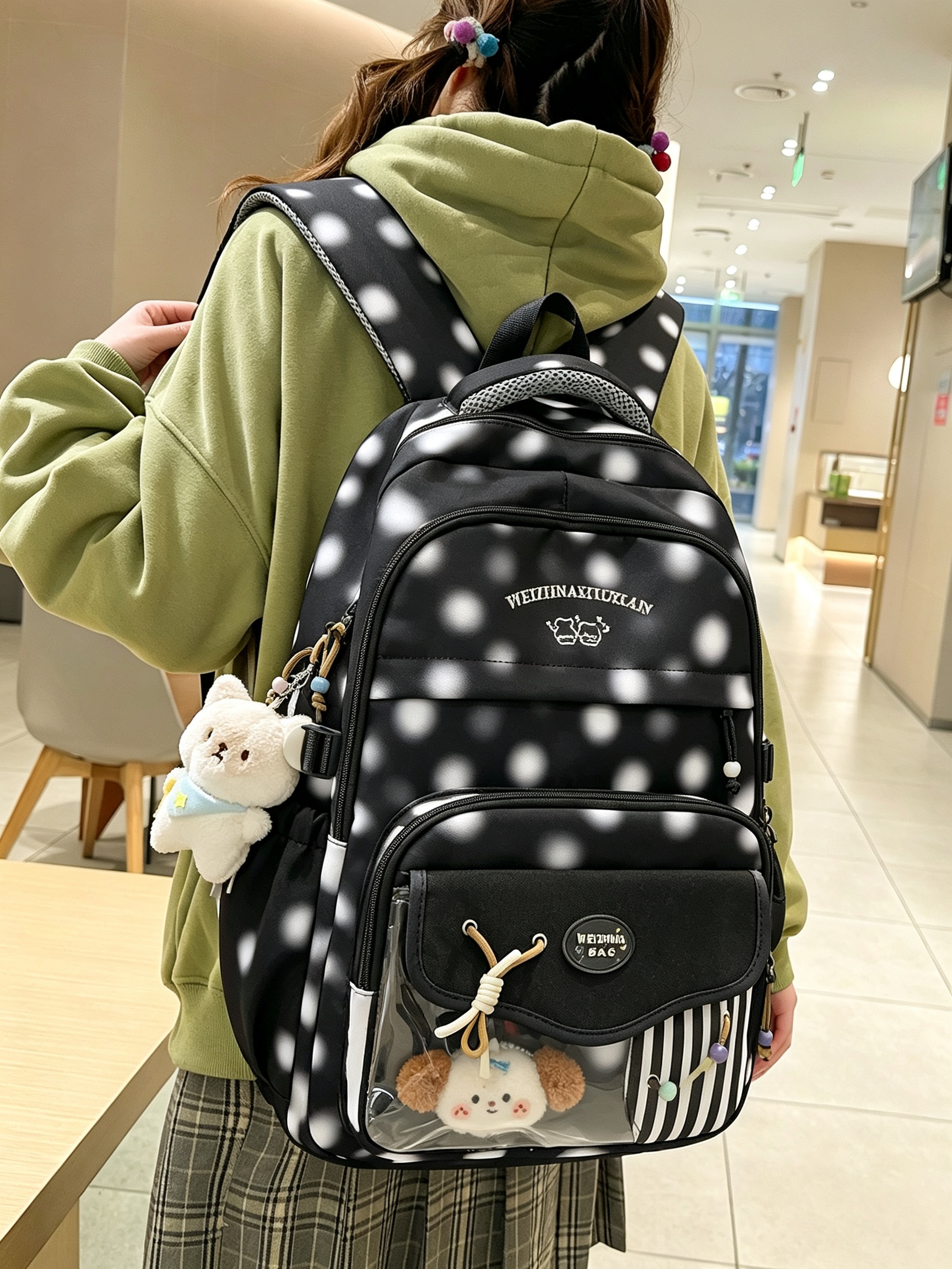 Black Polka Dot Backpack with Charm