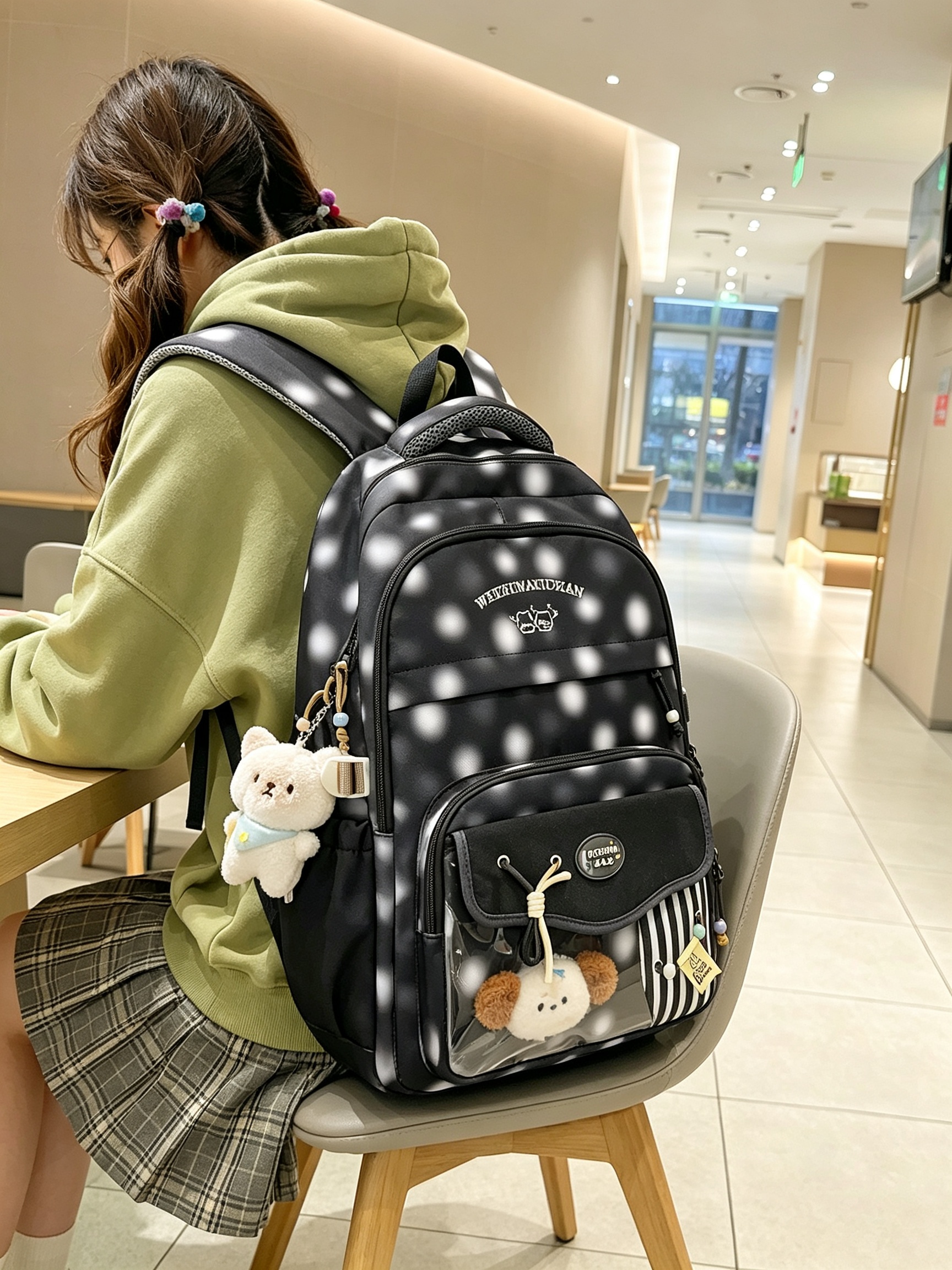 Black Polka Dot Backpack with Charm