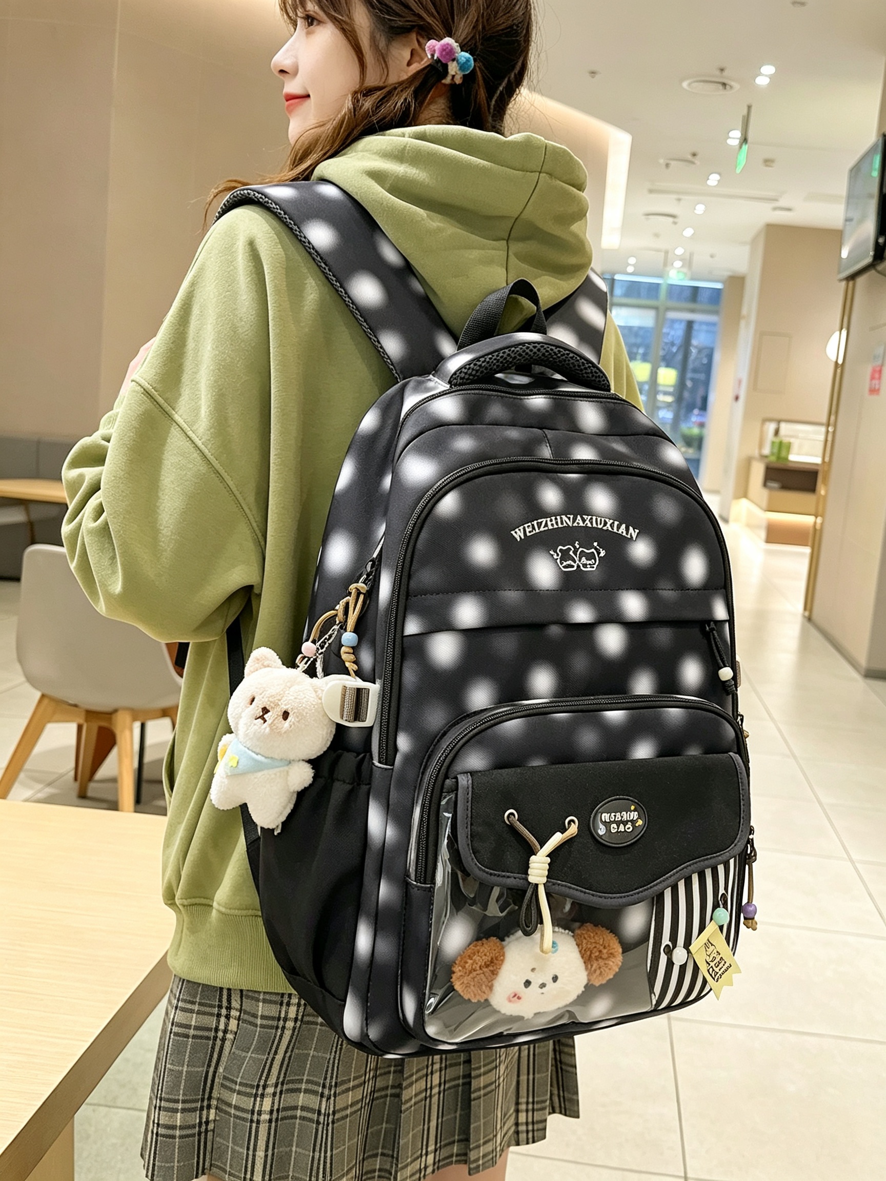 Black Polka Dot Backpack with Charm