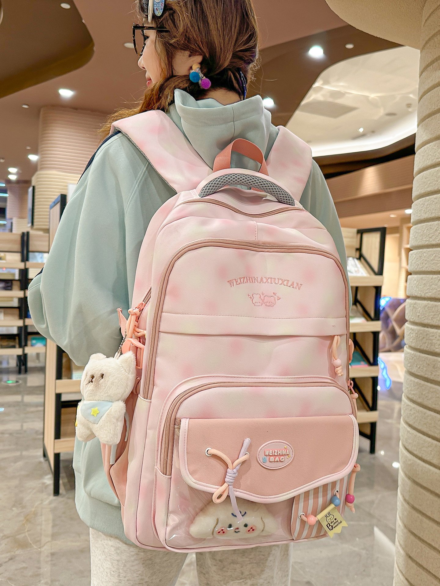 Pink Casual Backpack with Pendants