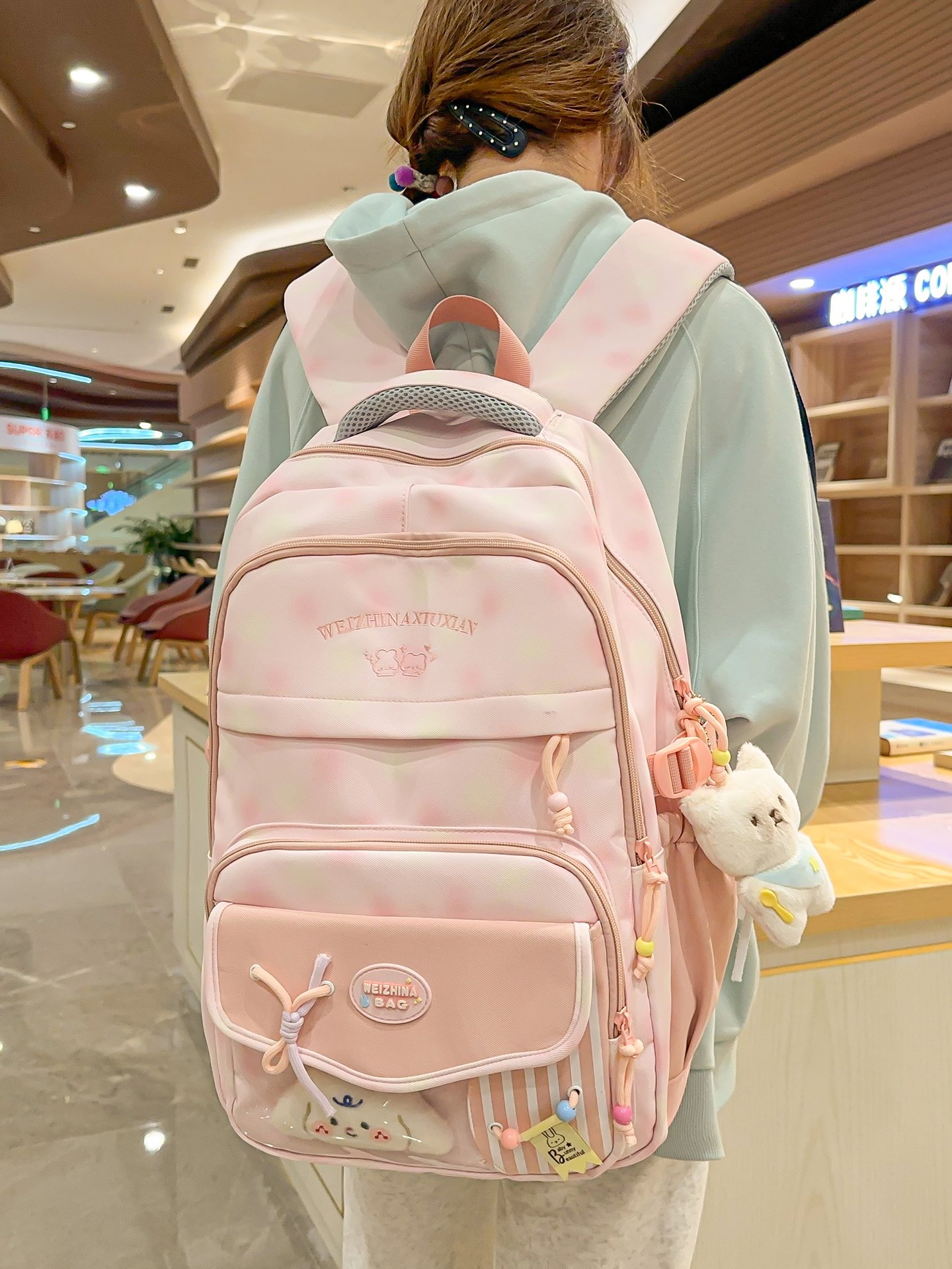 Pink Casual Backpack with Pendants