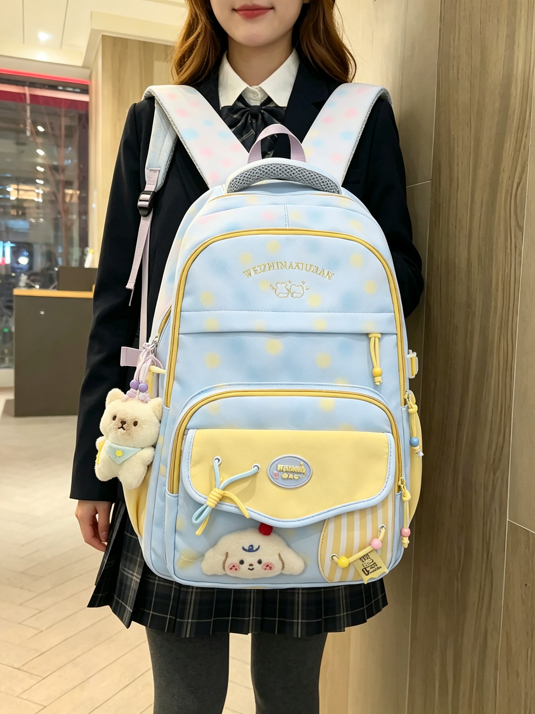 Blue Polka Dot Backpack with Charms