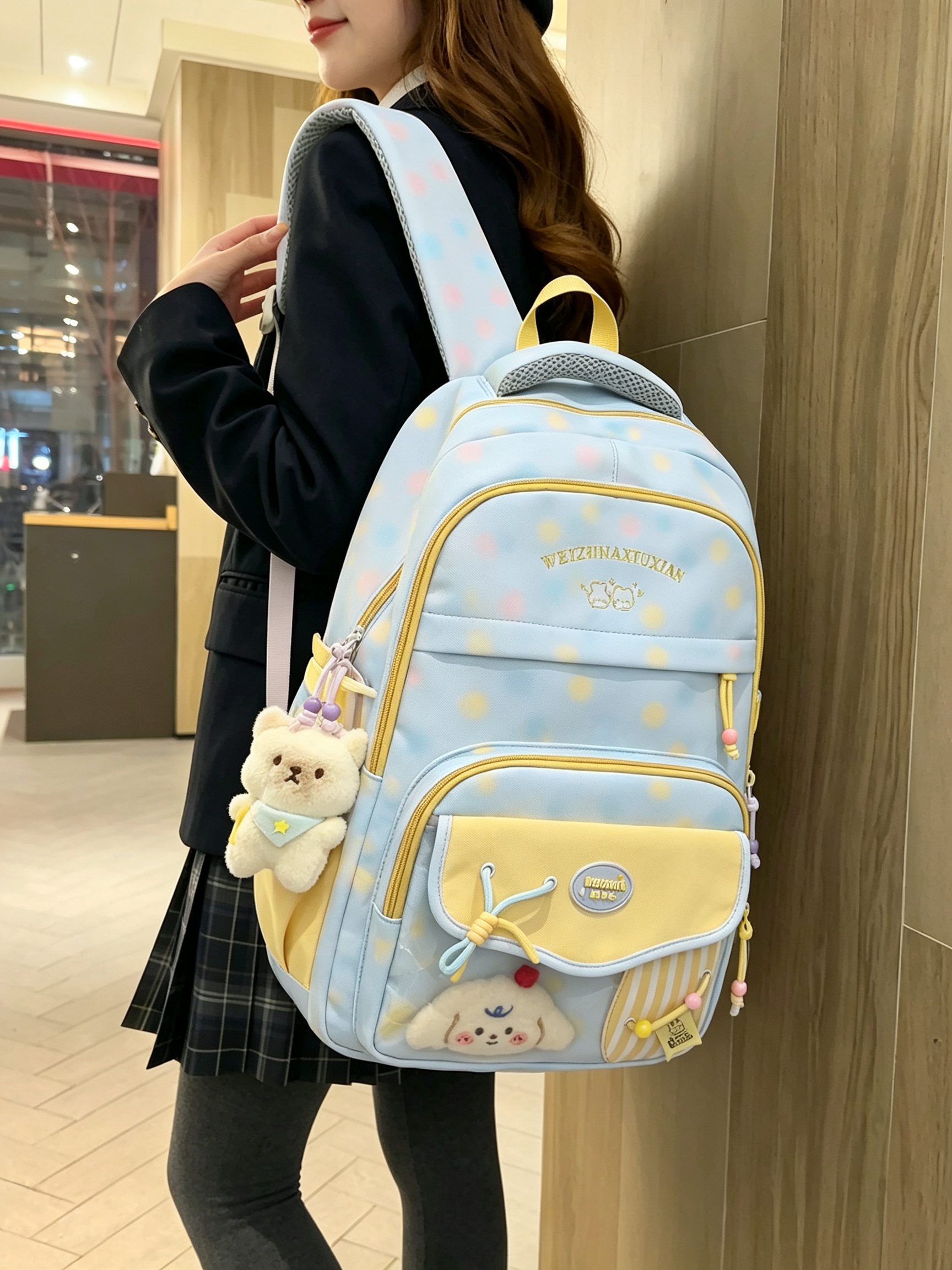 Blue Polka Dot Backpack with Charms