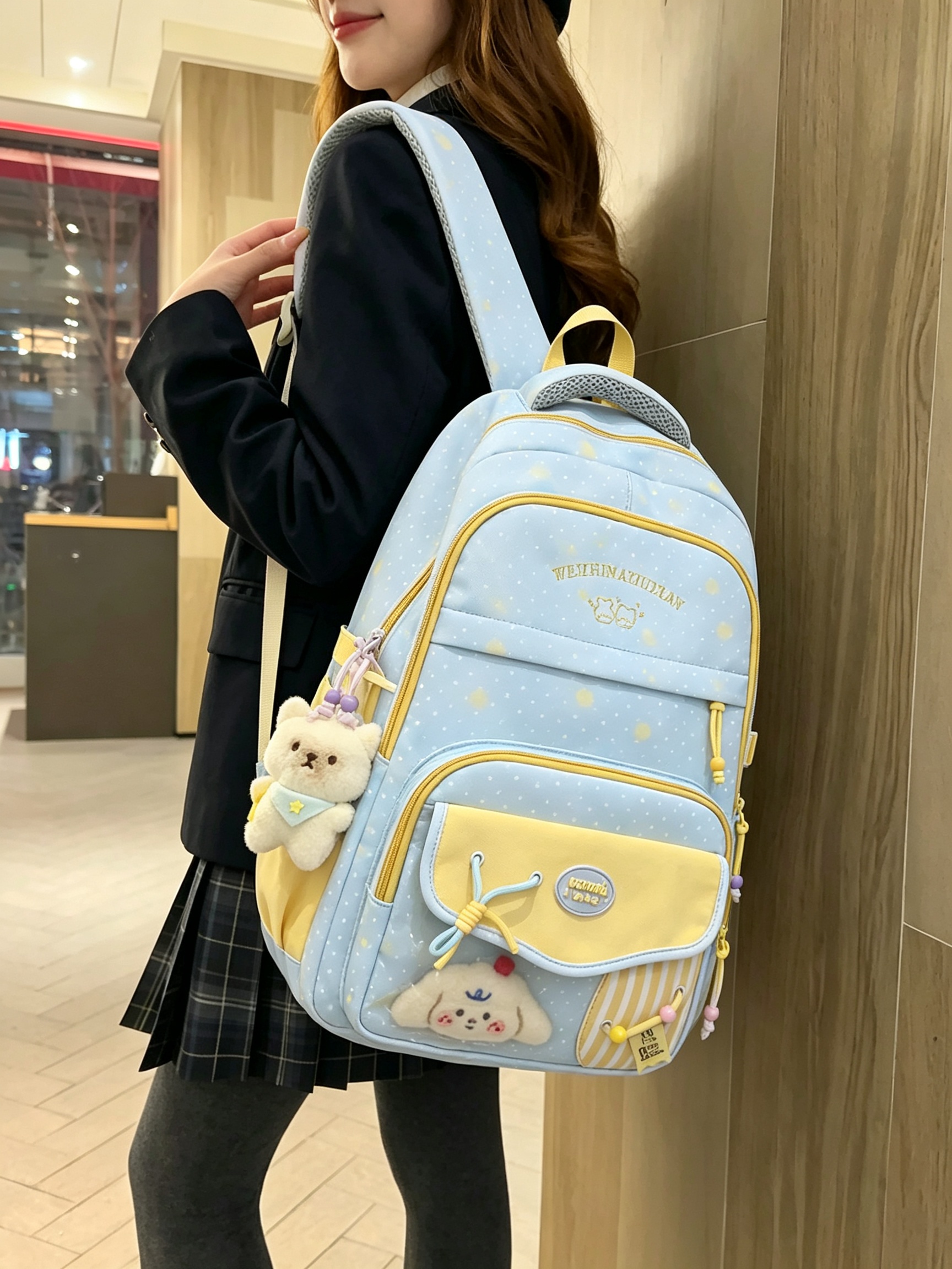 Blue Polka Dot Backpack with Charms