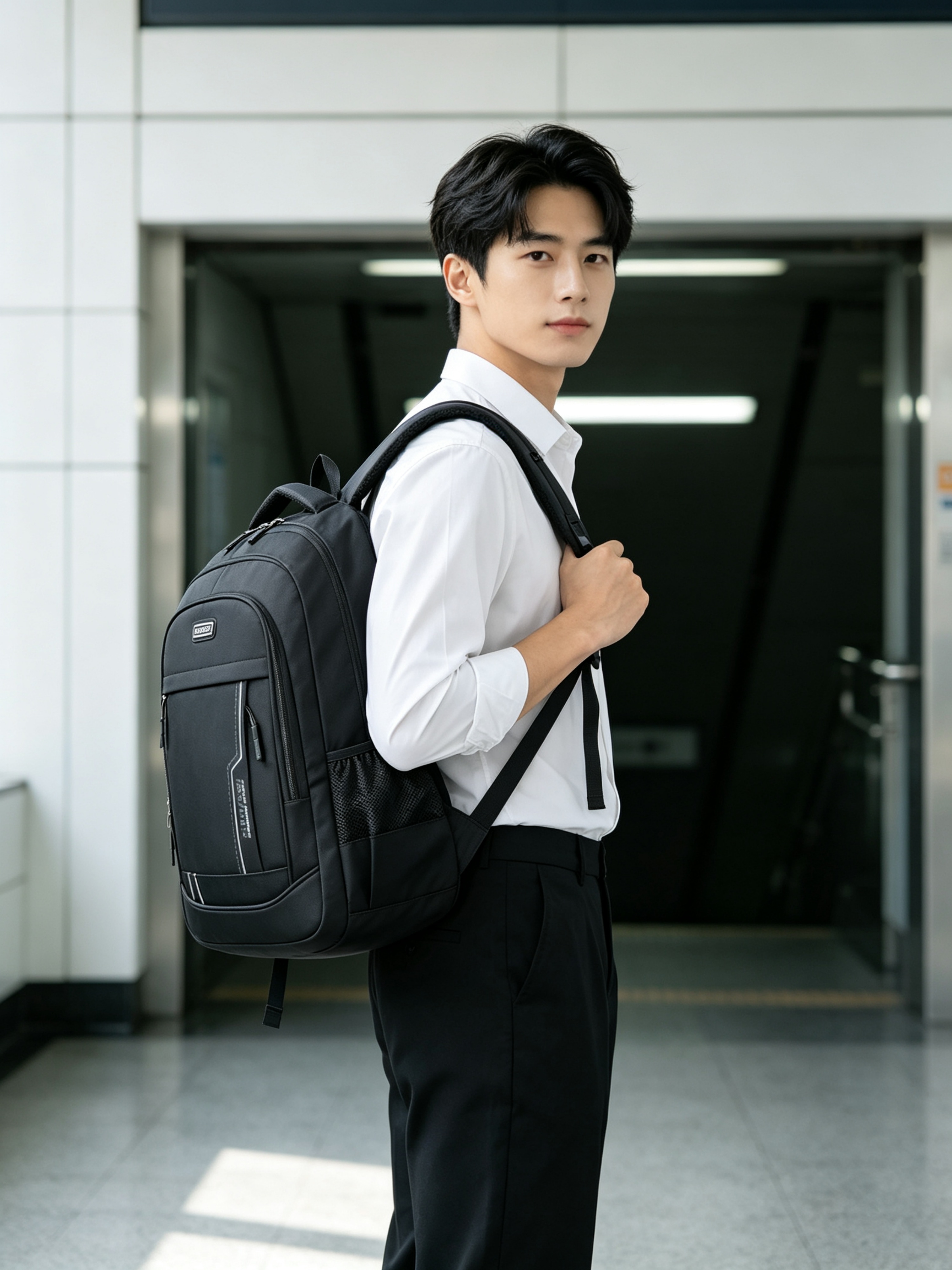 Black Patchwork Multi Compartments Commuter Backpack
