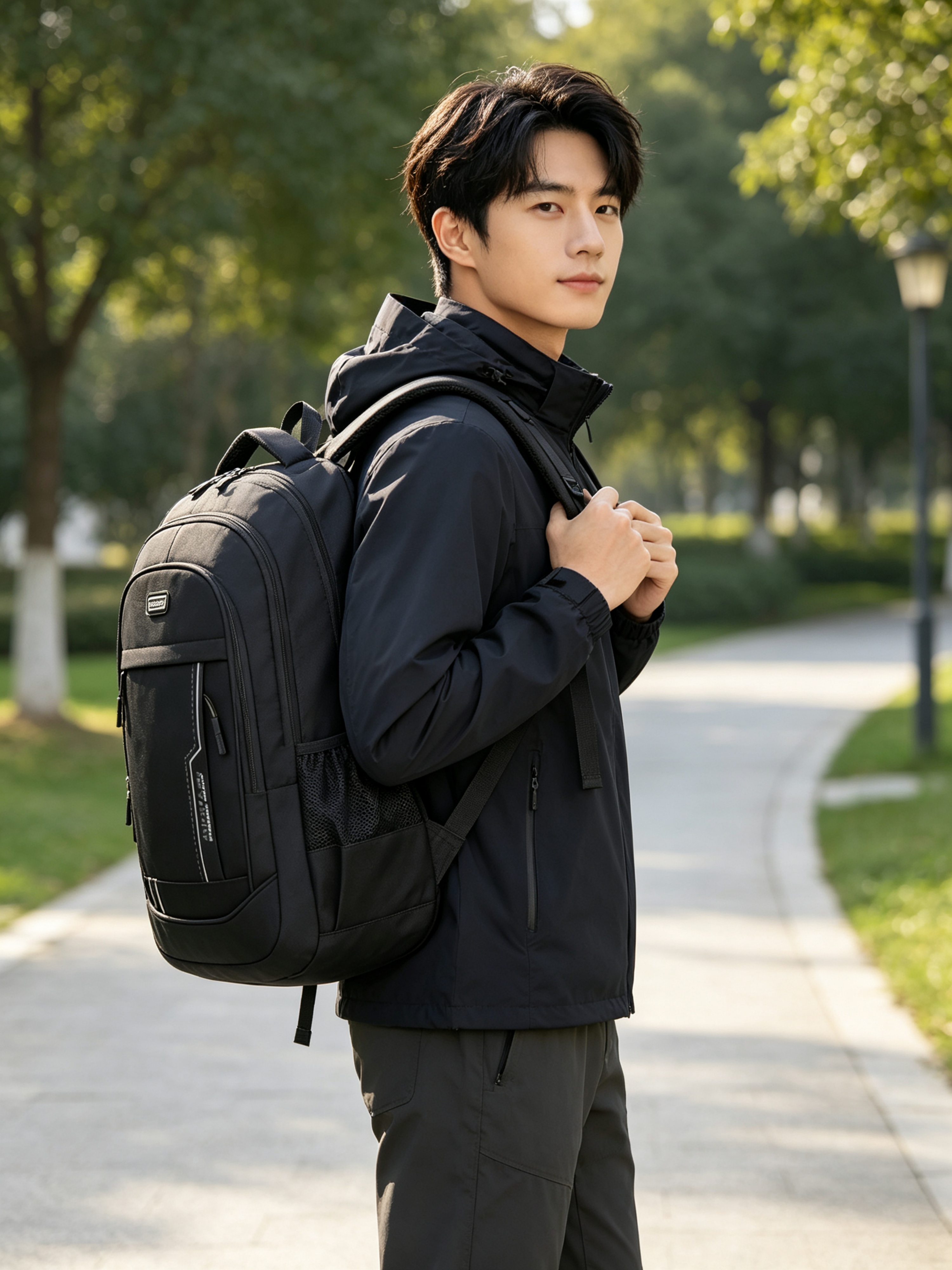 Black Patchwork Multi Compartments Commuter Backpack