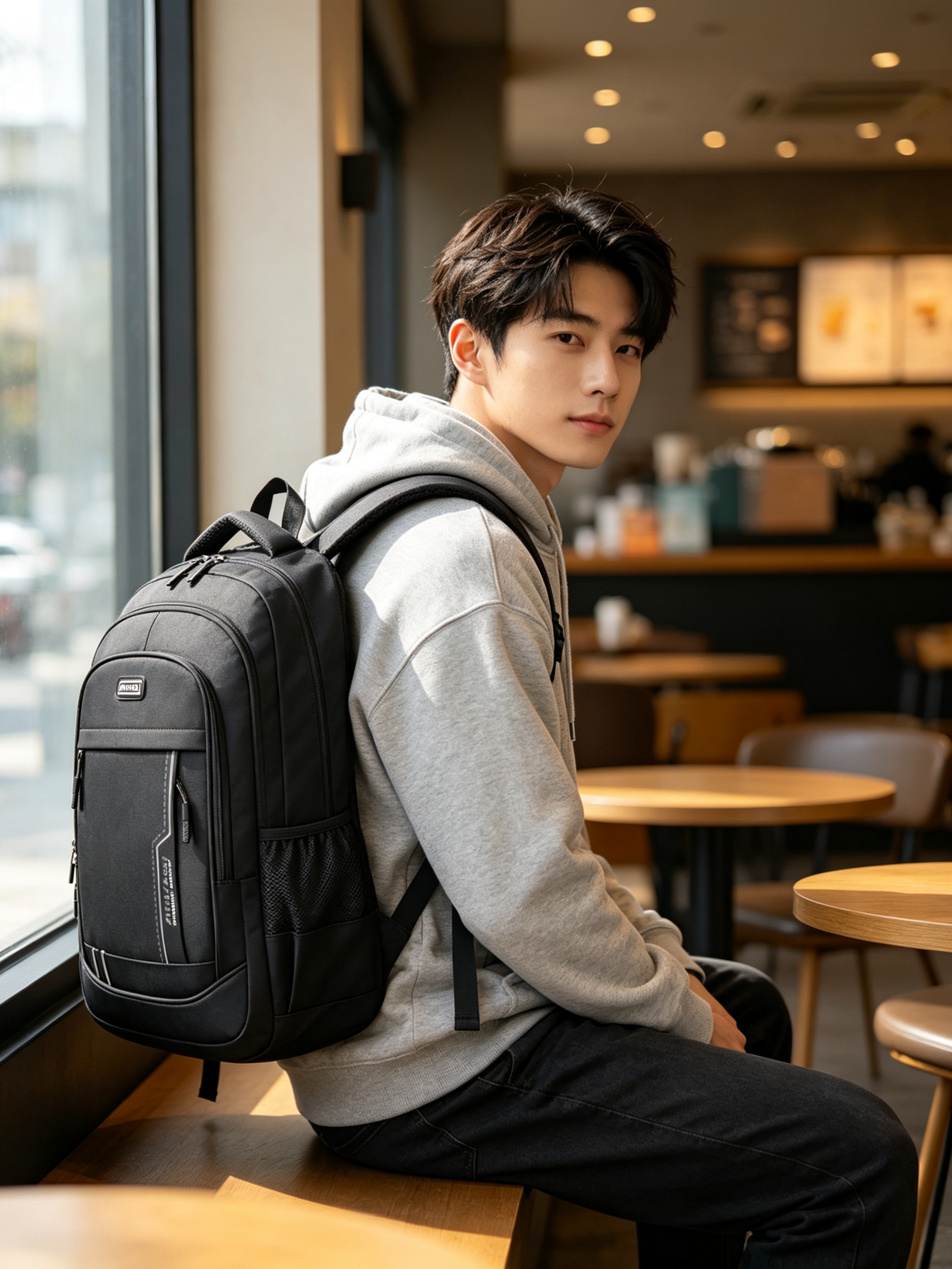 Black Patchwork Multi Compartments Commuter Backpack