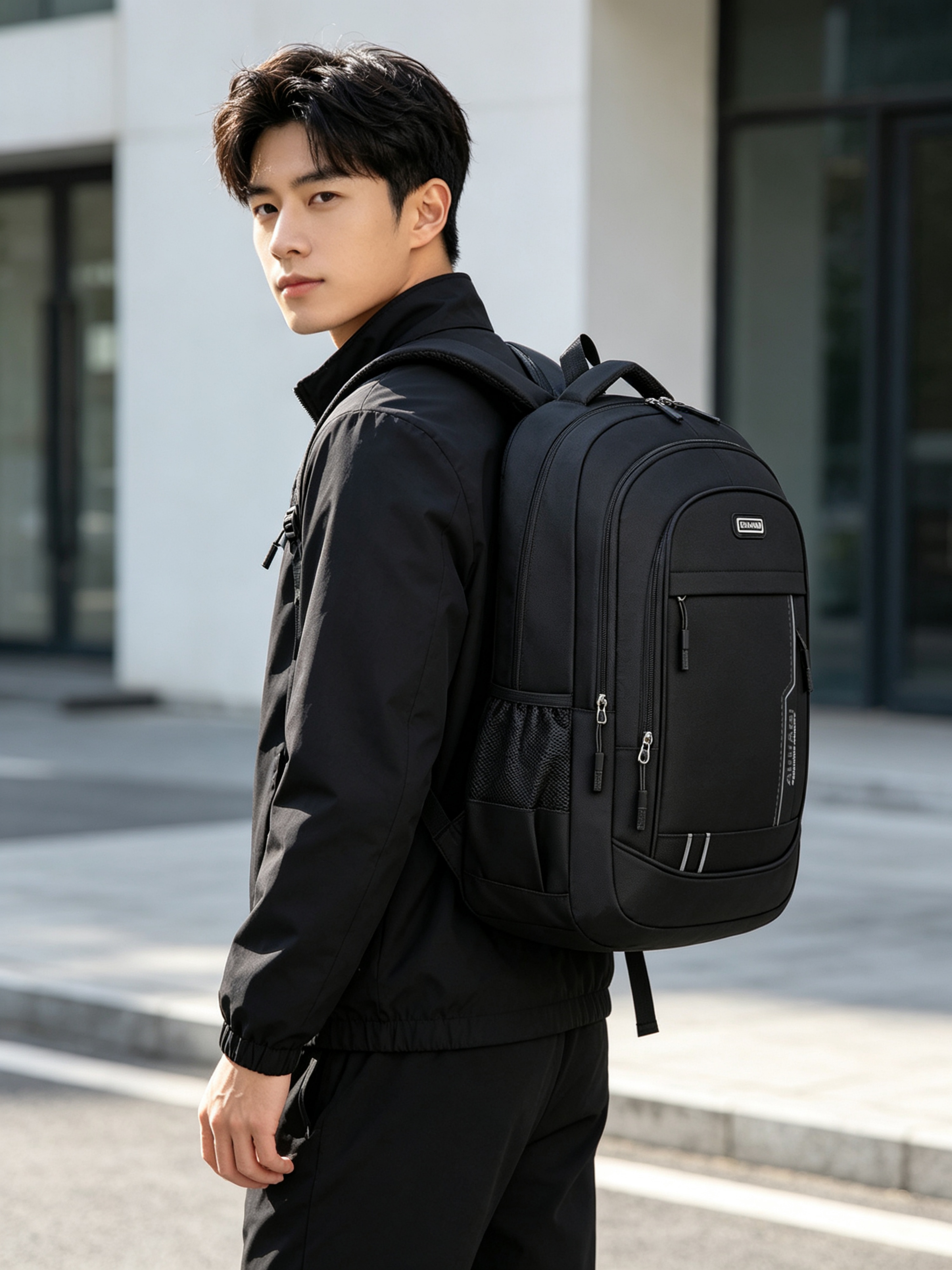 Black Patchwork Multi Compartments Commuter Backpack