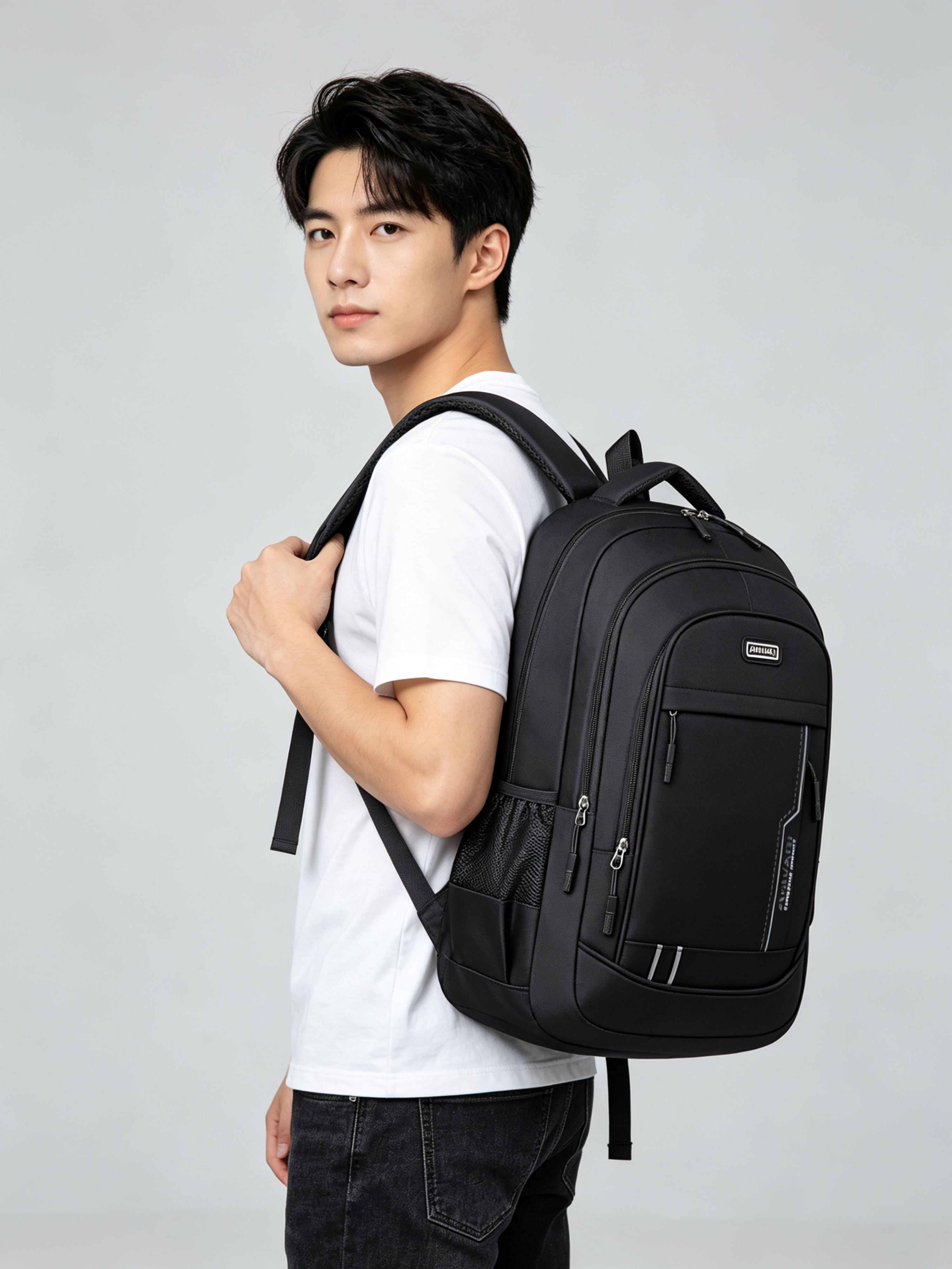 Black Patchwork Multi Compartments Commuter Backpack