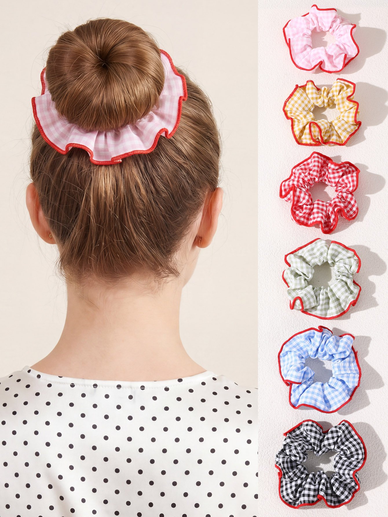 Gingham Scrunchie Set with Ruffle Trim - 6-Piece