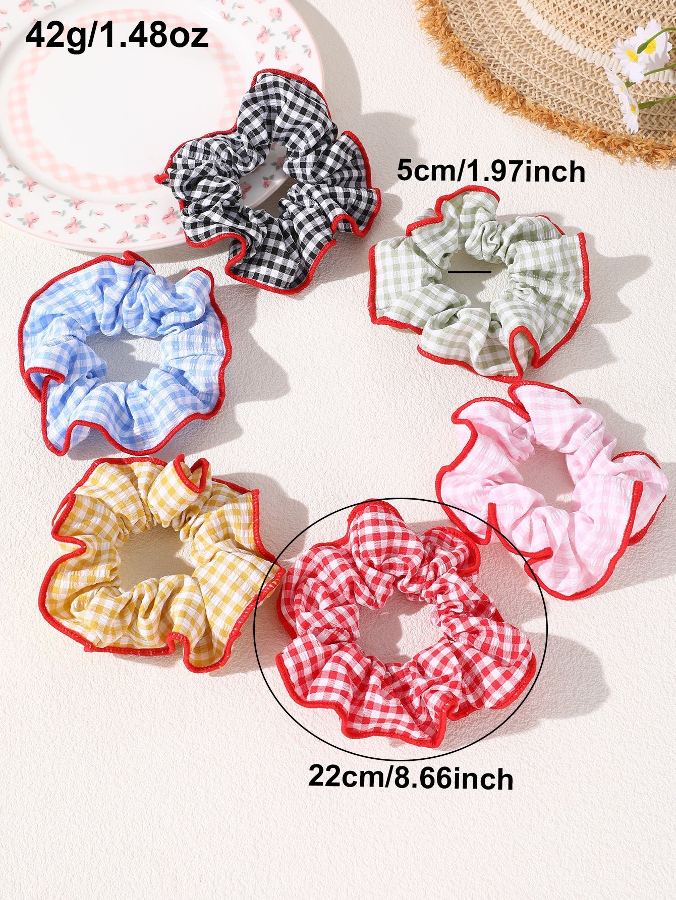 Gingham Scrunchie Set with Ruffle Trim - 6-Piece