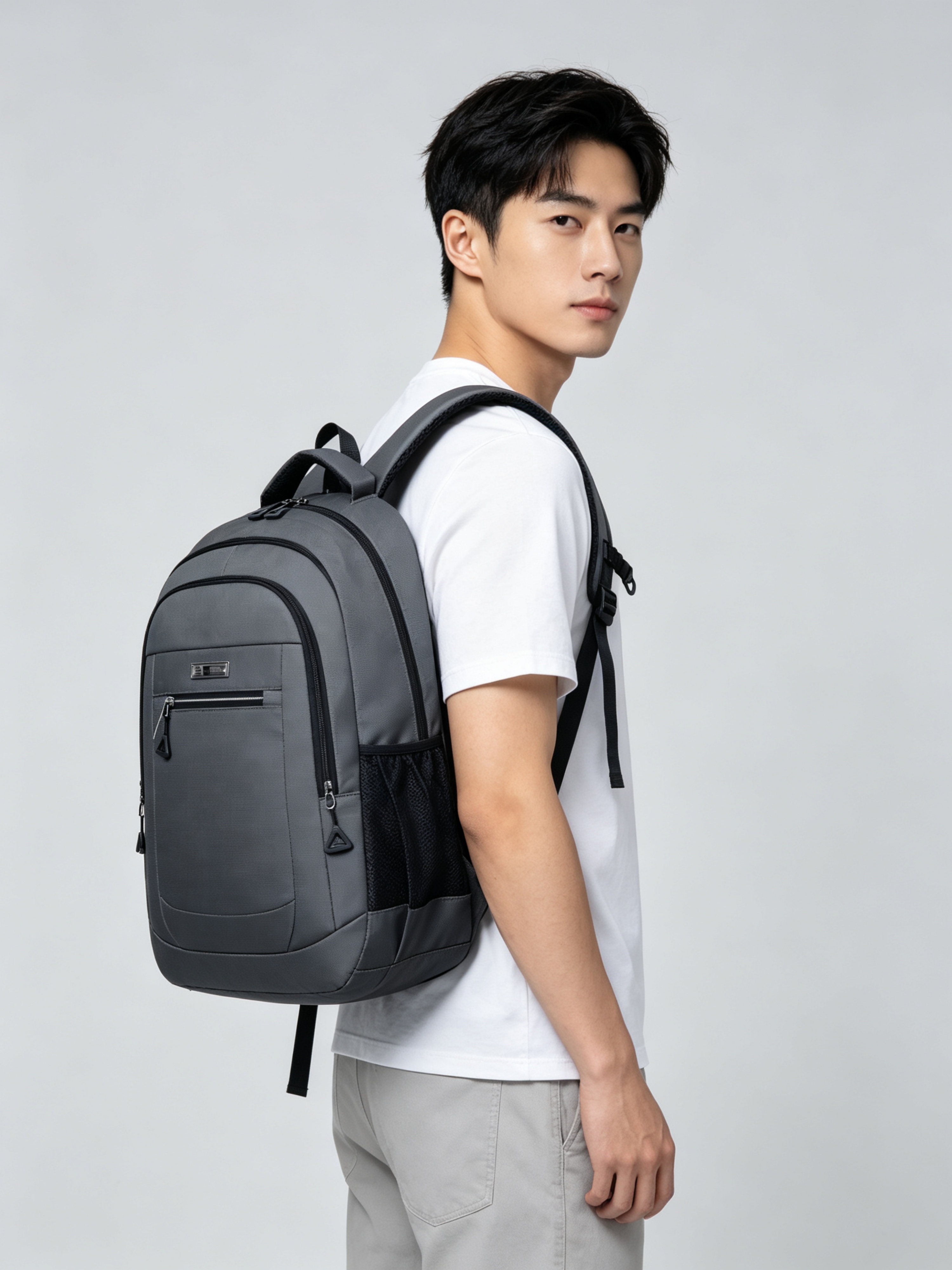 Grey Solid Multi Compartments Backpack