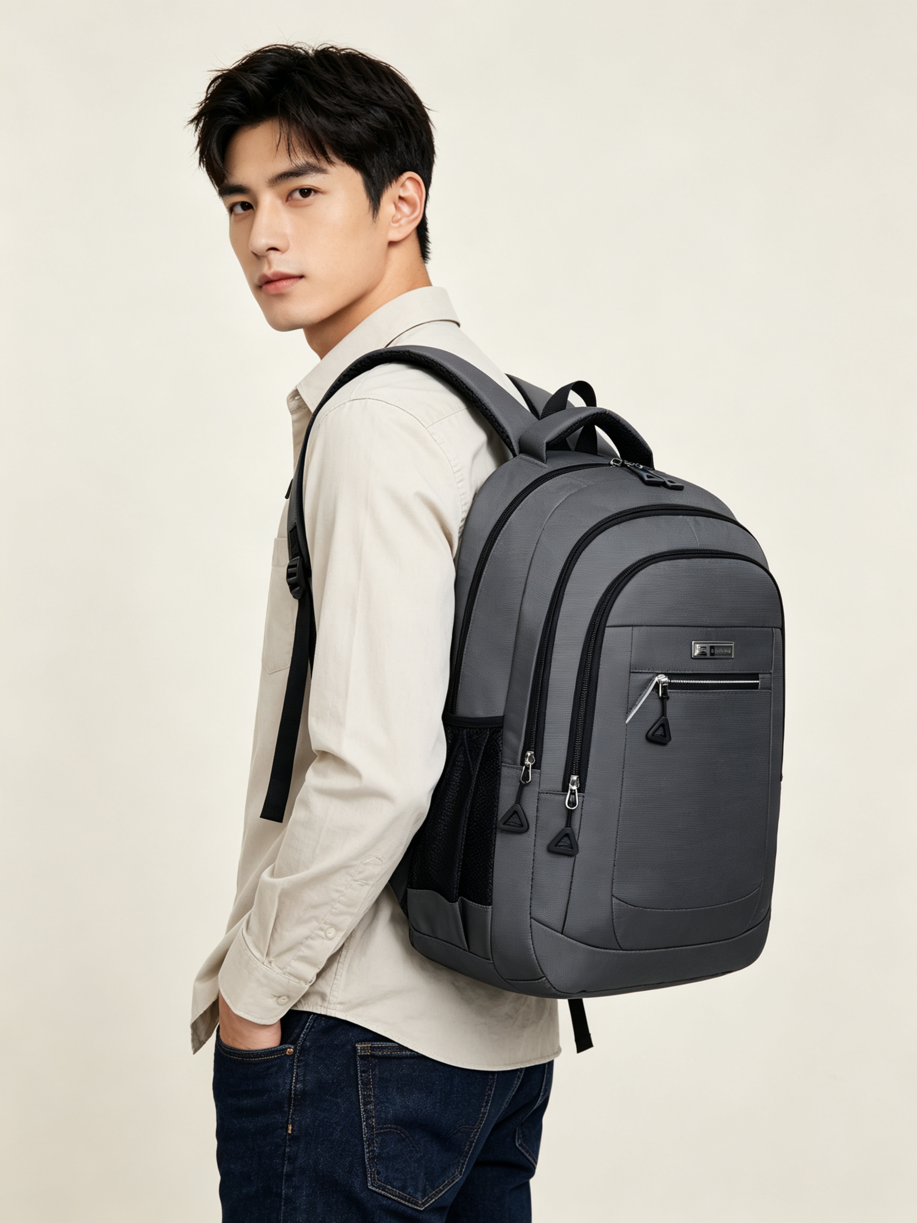 Grey Solid Multi Compartments Backpack