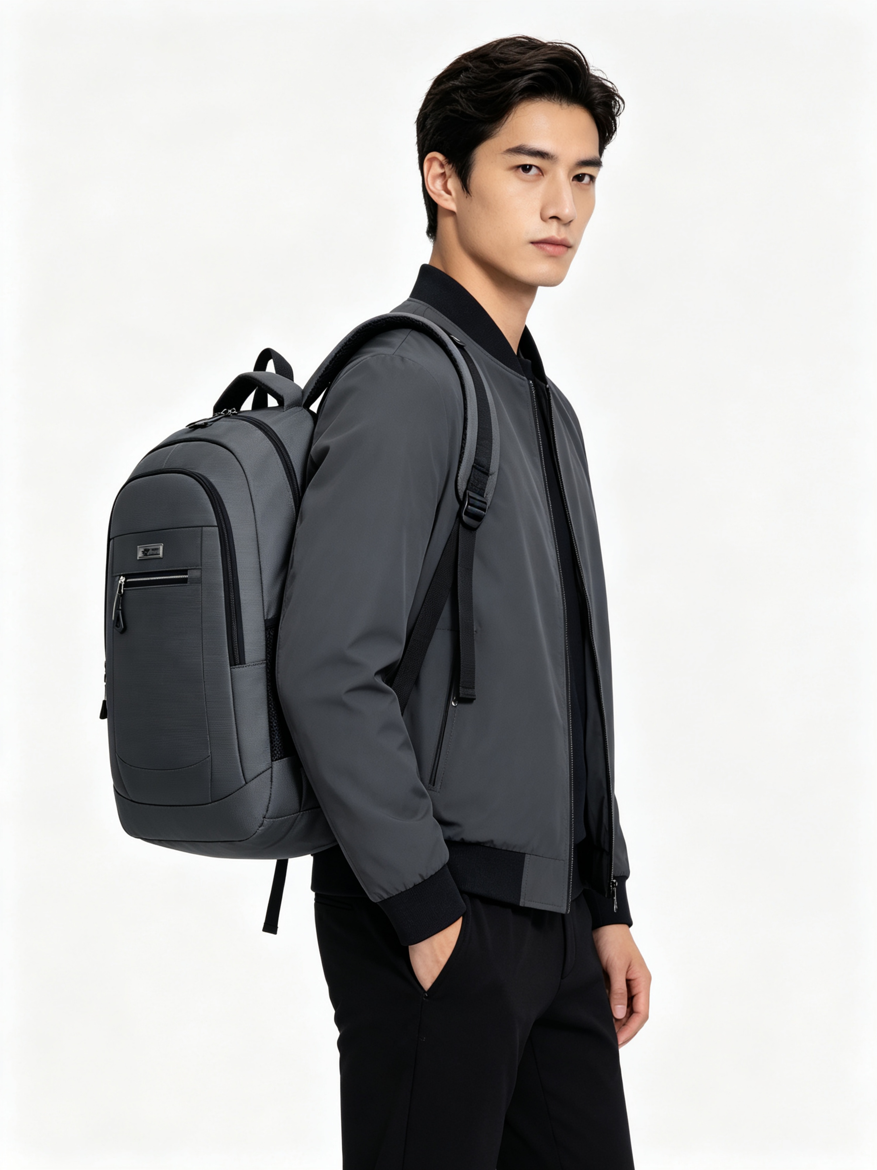 Grey Solid Multi Compartments Backpack