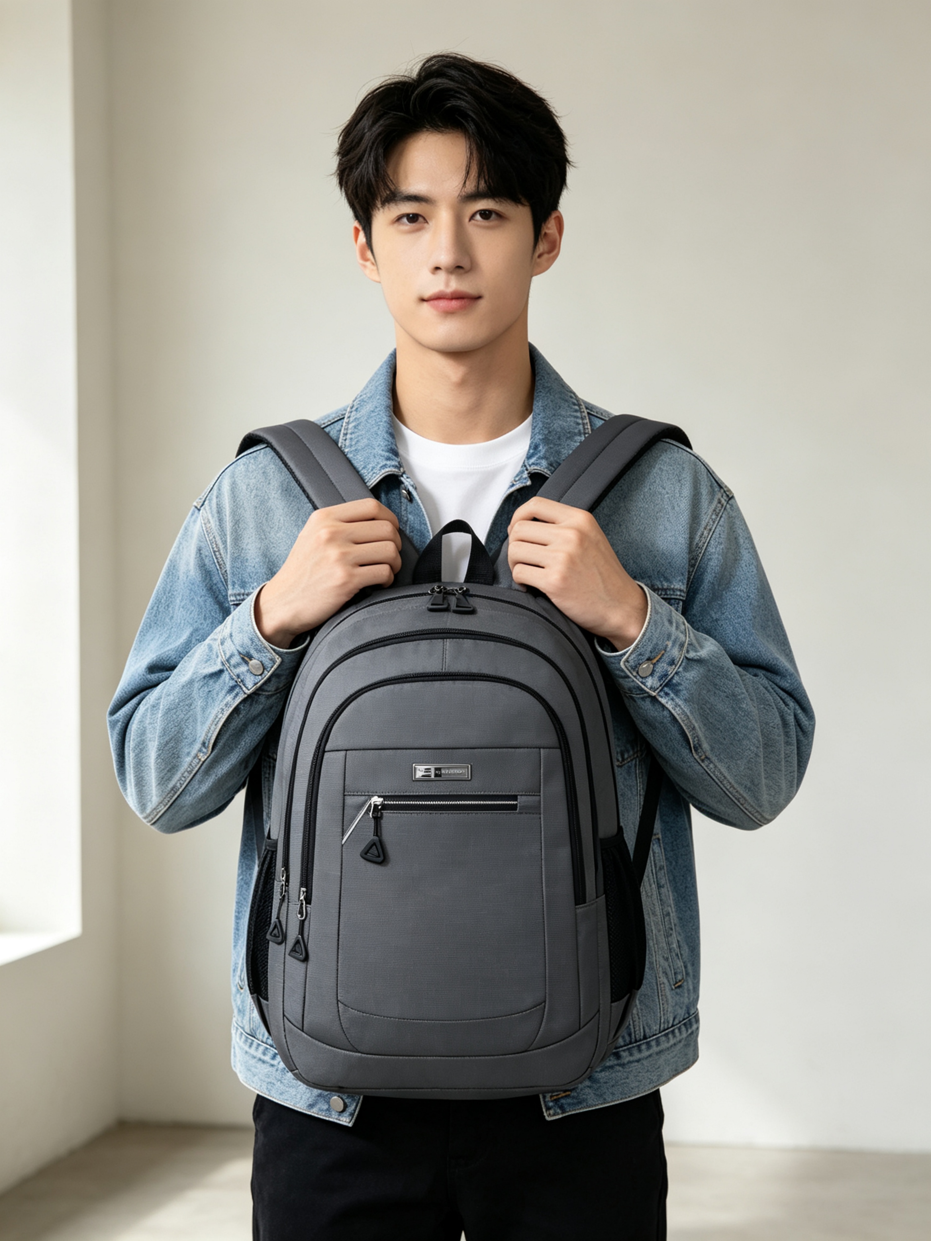 Grey Solid Multi Compartments Backpack