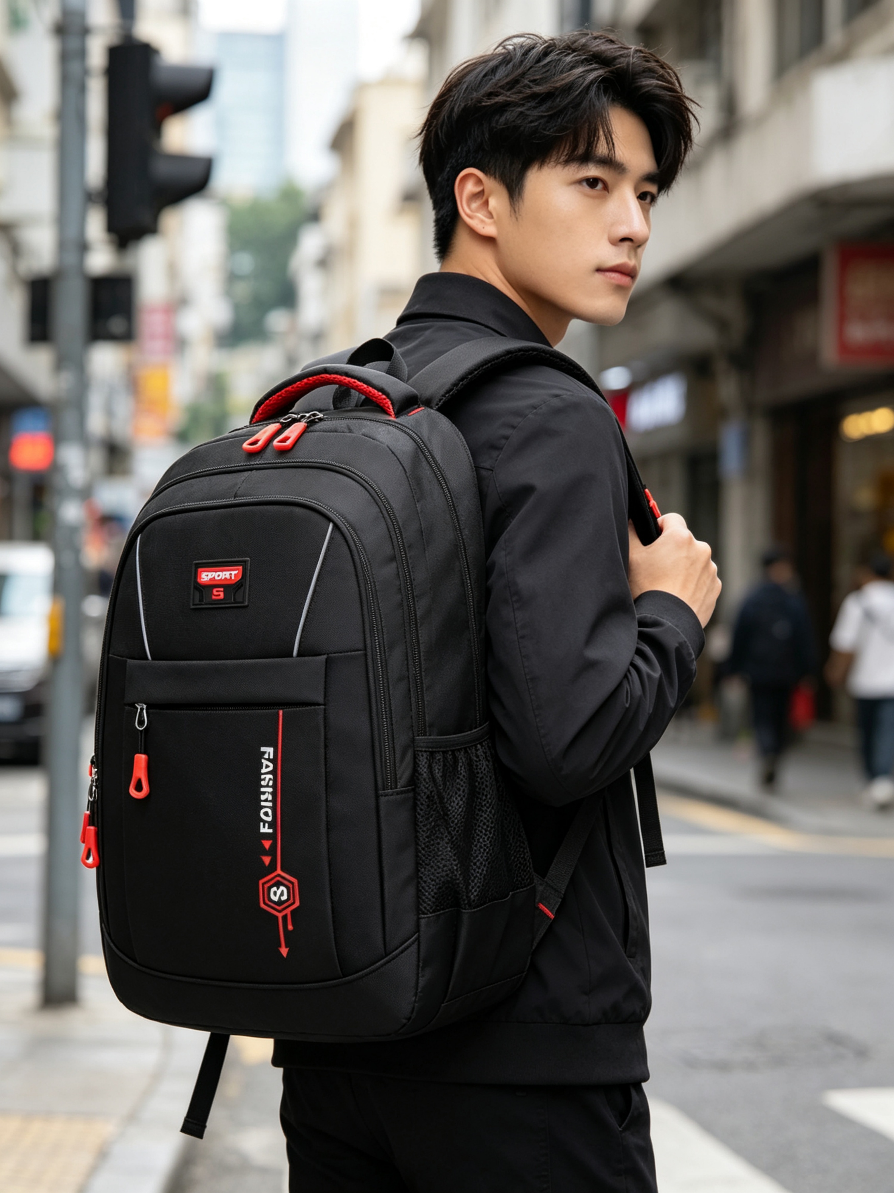 Black Sport Backpack with Red Accents