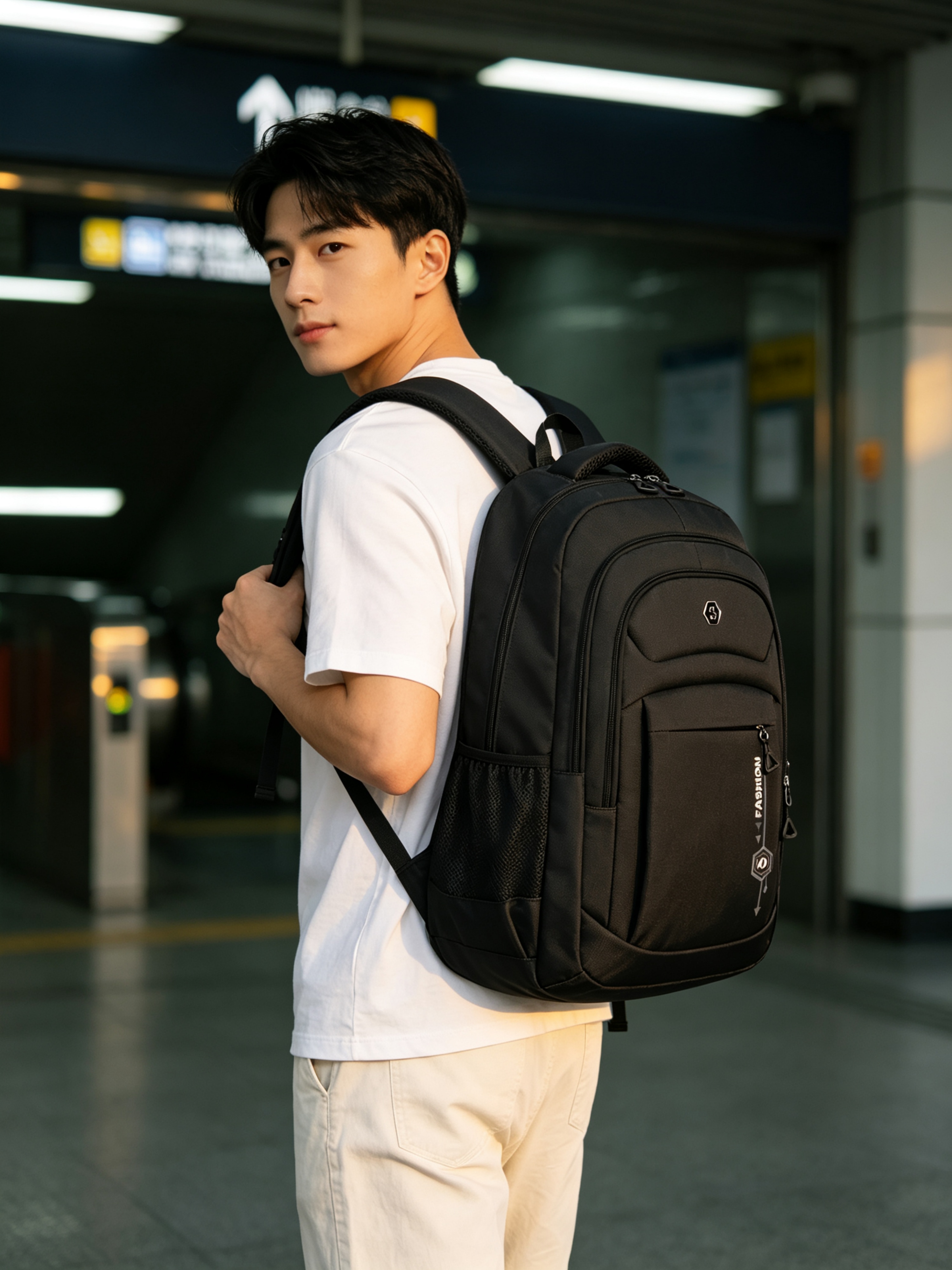 Black Multi-Compartment Travel Backpack
