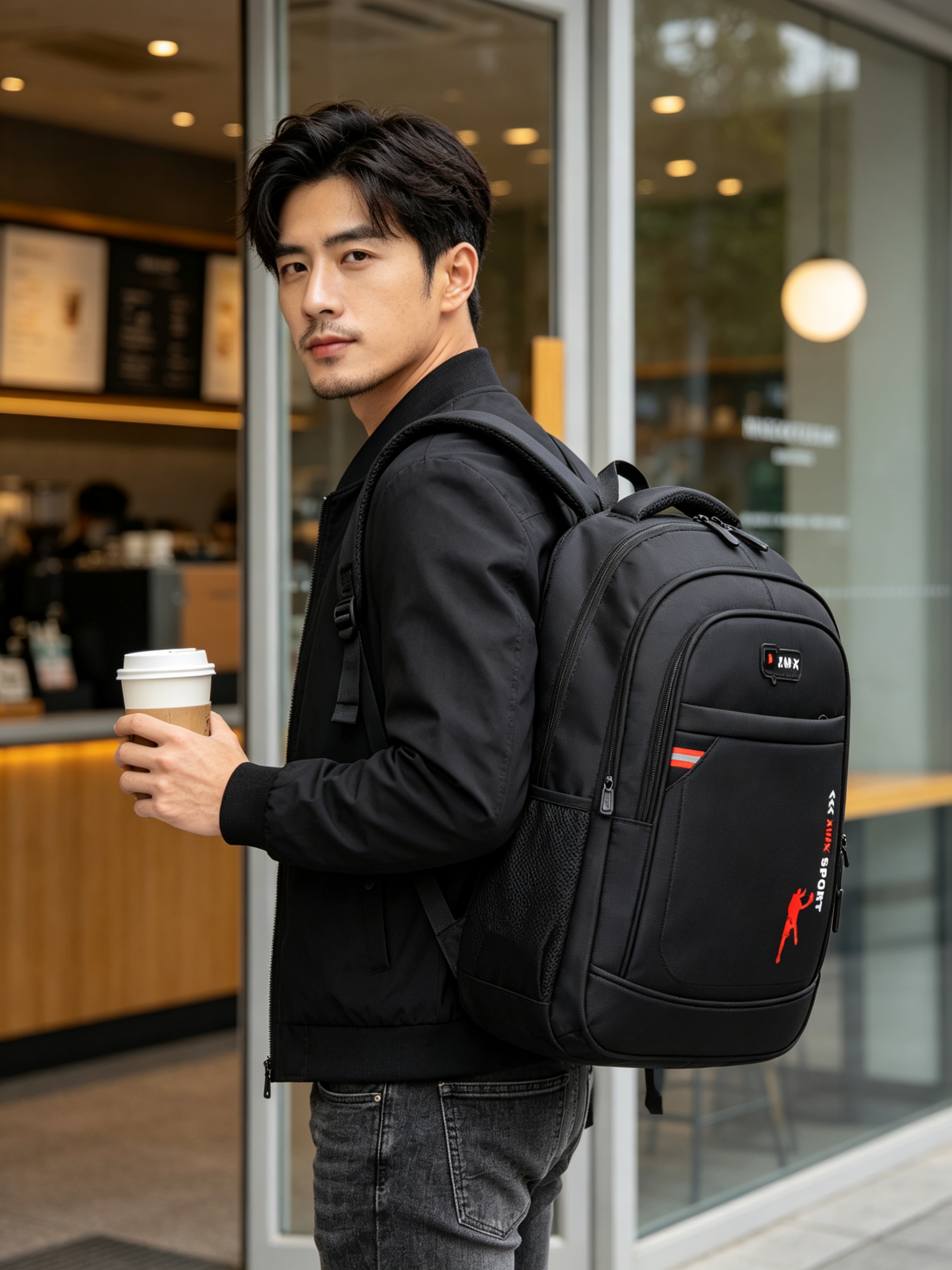 Black Backpack with Red Accents
