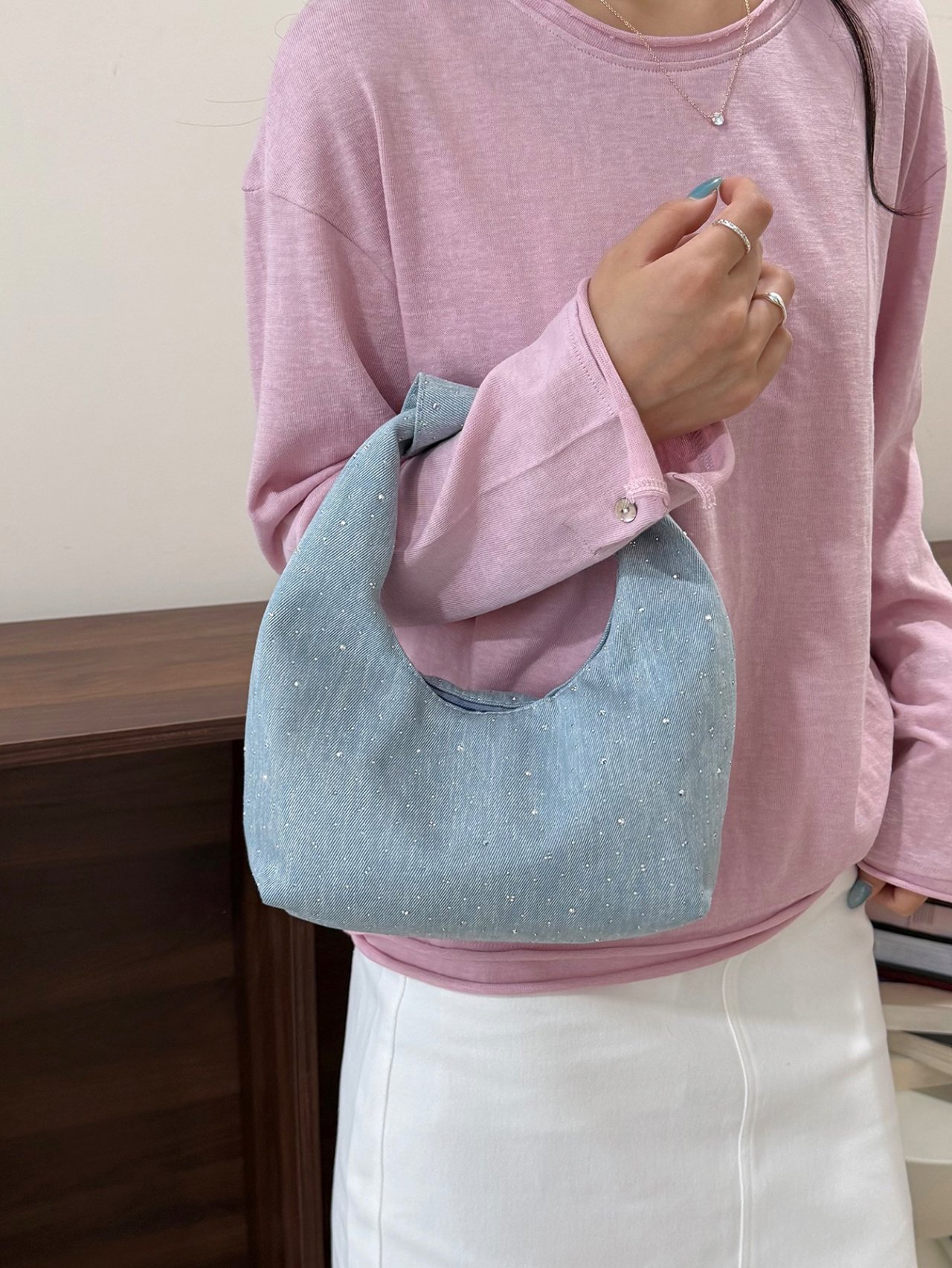 Light Blue Rhinestone Shoulder Bag