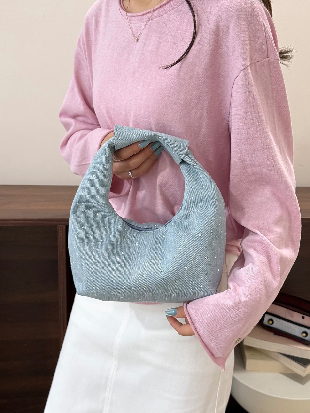 Light Blue Rhinestone Shoulder Bag
