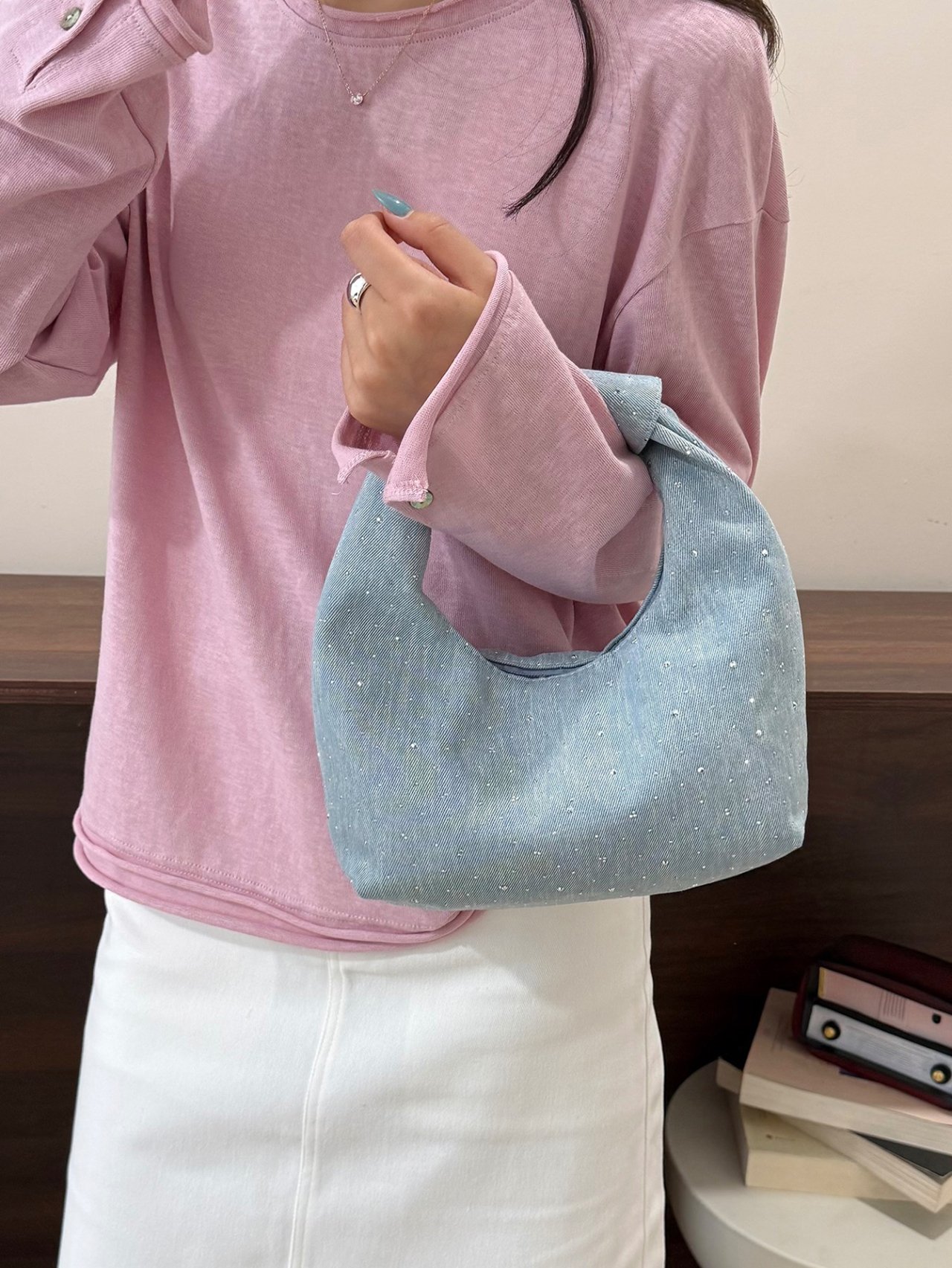 Light Blue Rhinestone Shoulder Bag