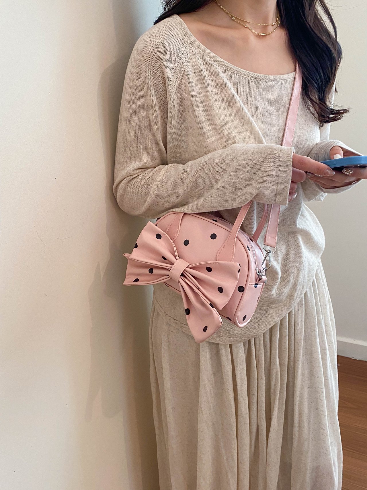 Pink Polka Dot Bow Crossbody Bag