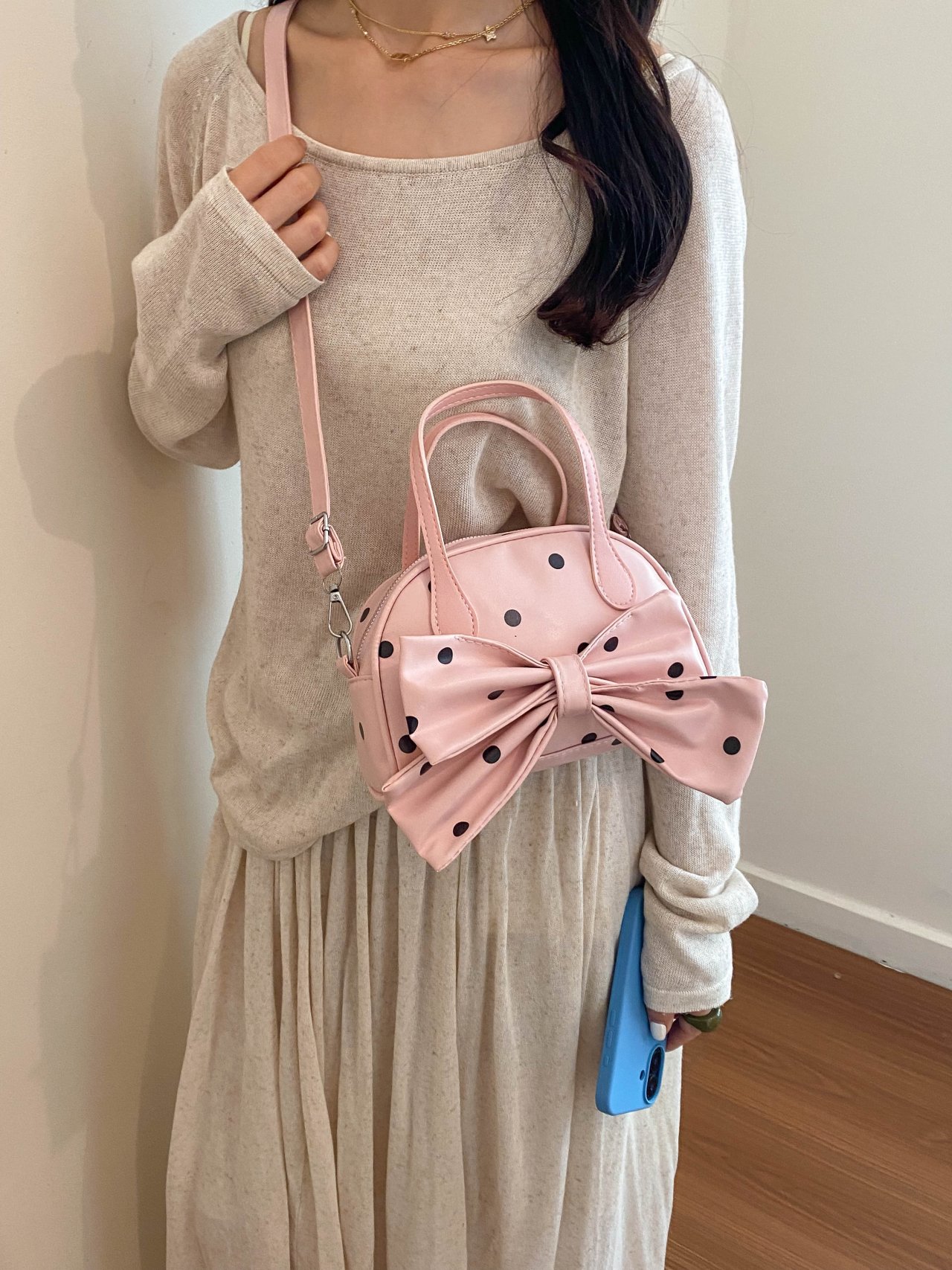Pink Polka Dot Bow Crossbody Bag