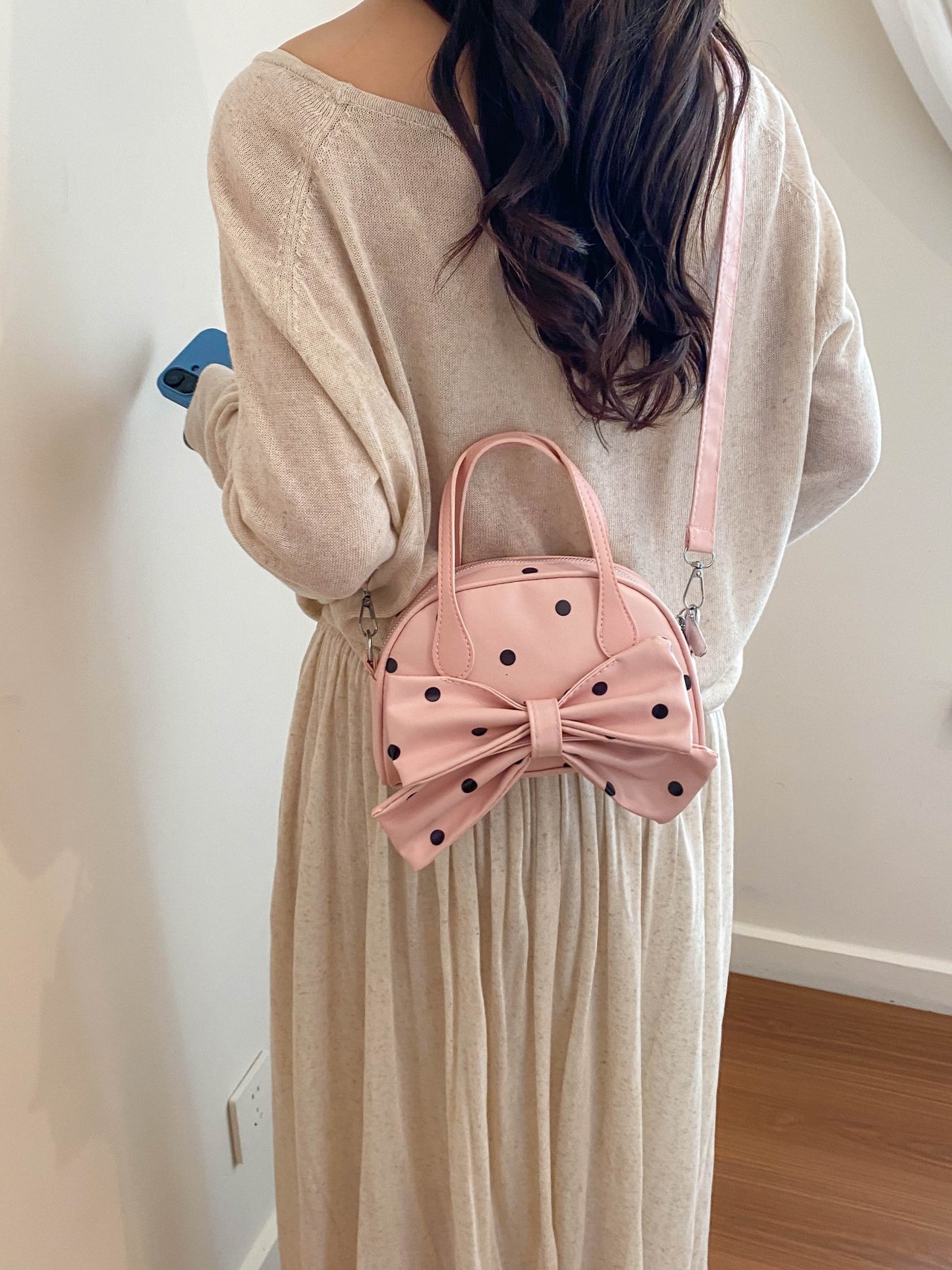 Pink Polka Dot Bow Crossbody Bag
