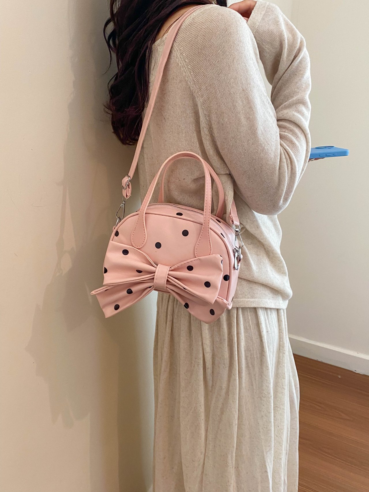 Pink Polka Dot Bow Crossbody Bag