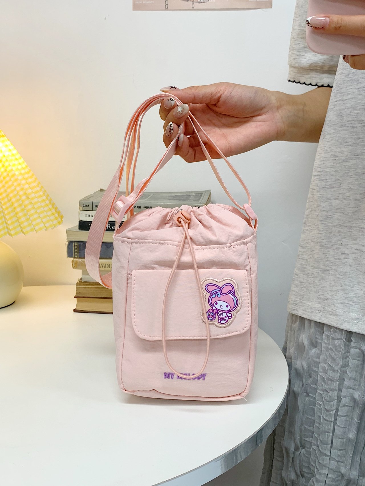 Pink Crossbody Bag with Drawstring and My Melody Patch