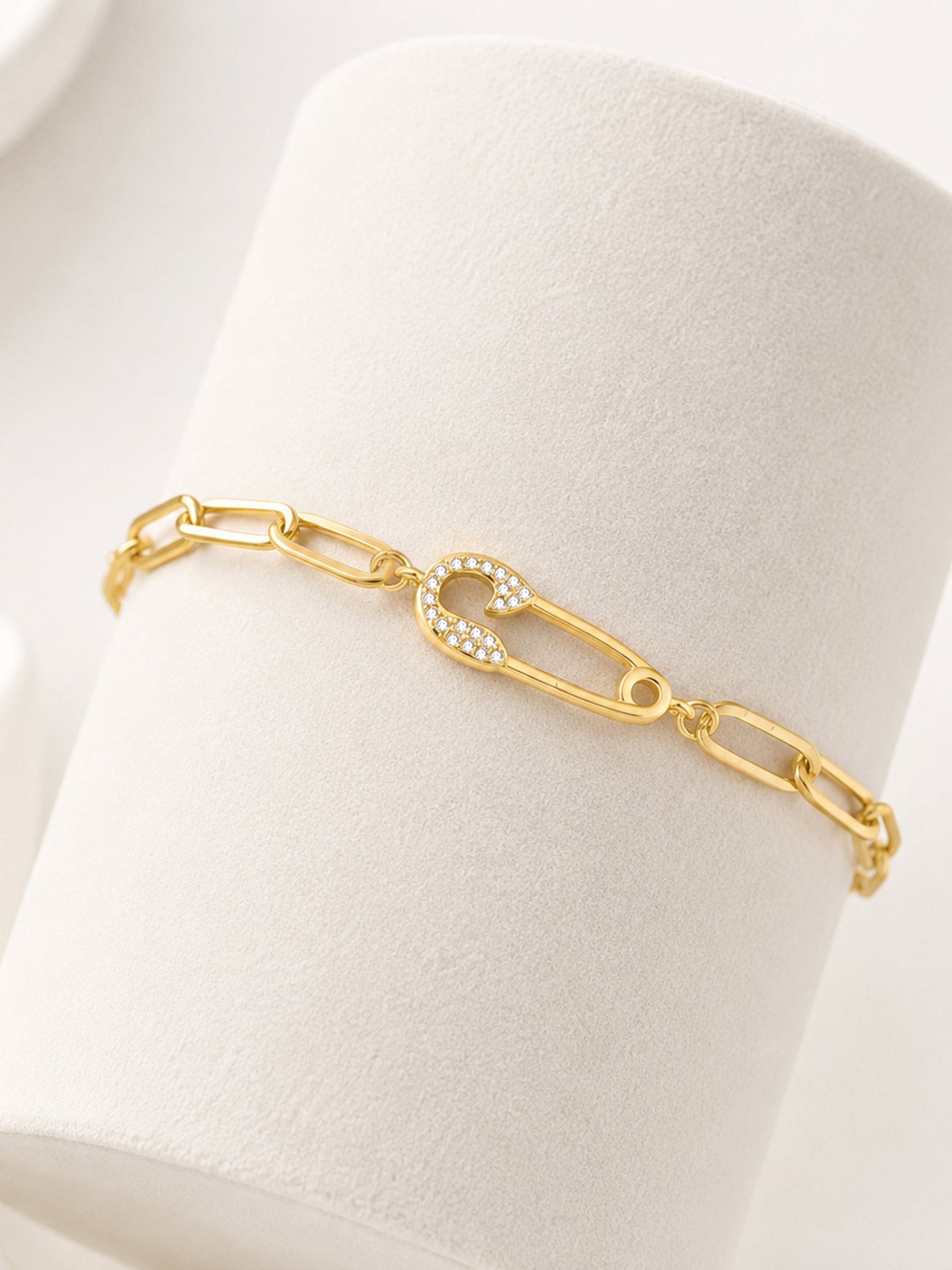 Gold Link Bracelet with Zirconia Safety Pin Charm