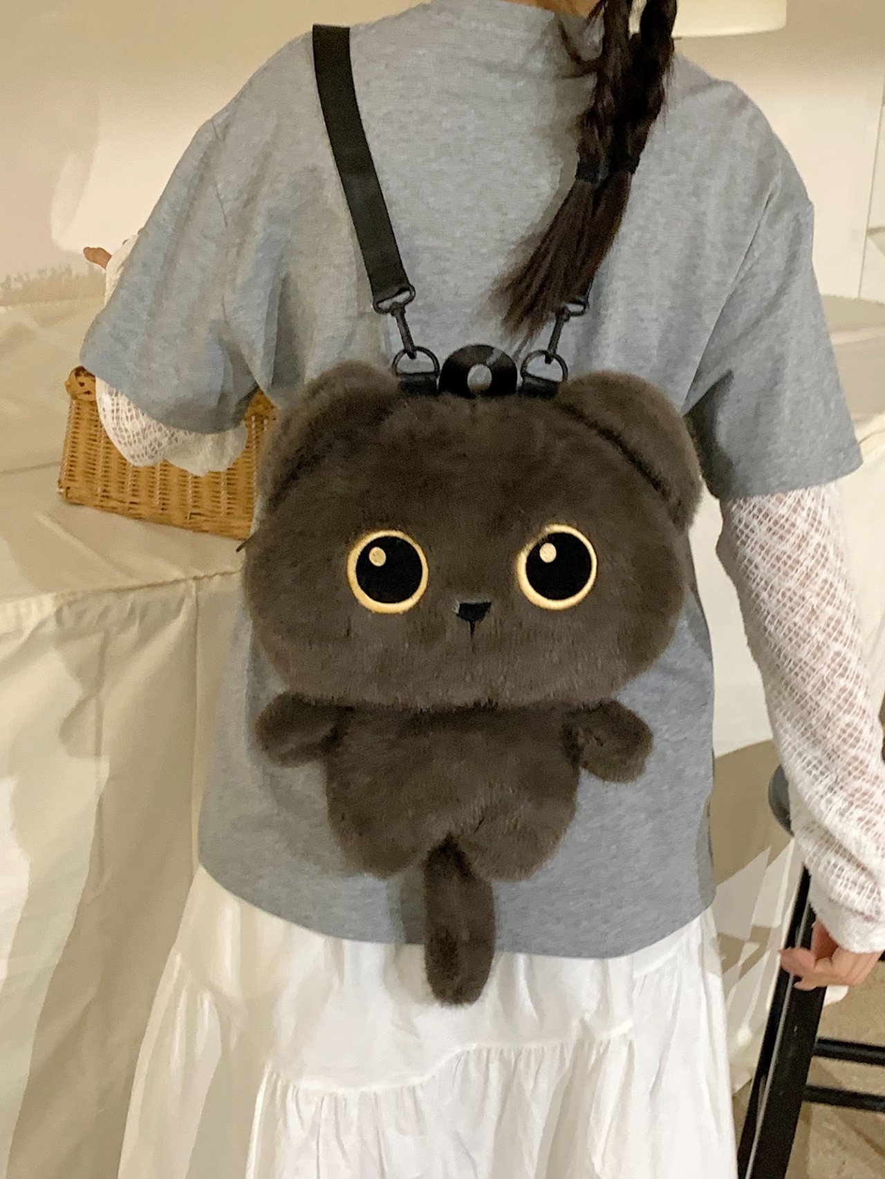 Grey Plush Cat Backpack