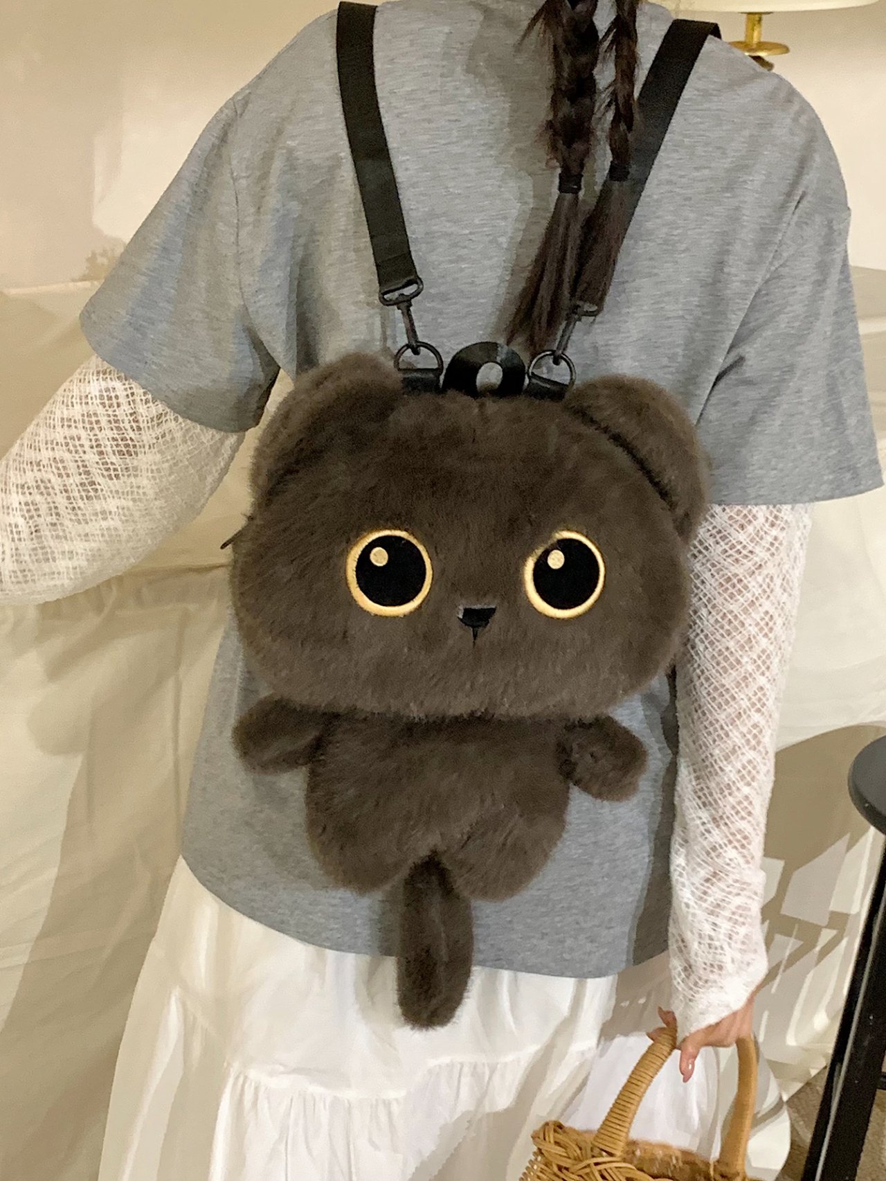 Grey Plush Cat Backpack