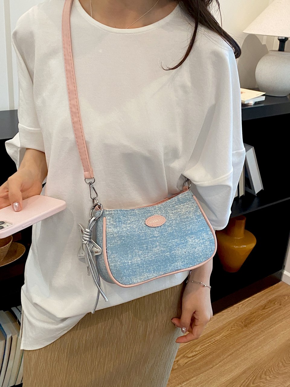 Pink Trim Denim Crossbody Bag