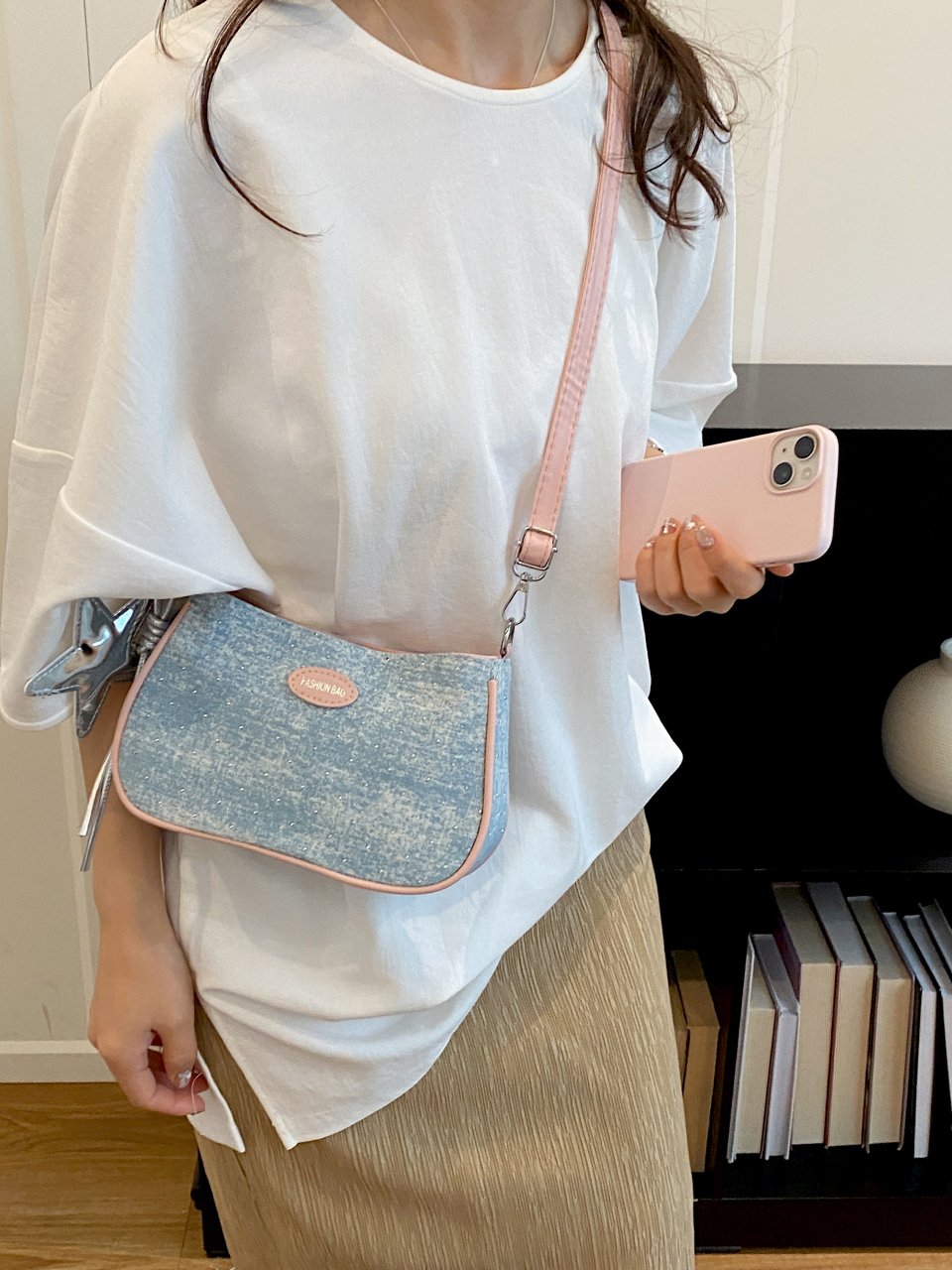 Pink Trim Denim Crossbody Bag