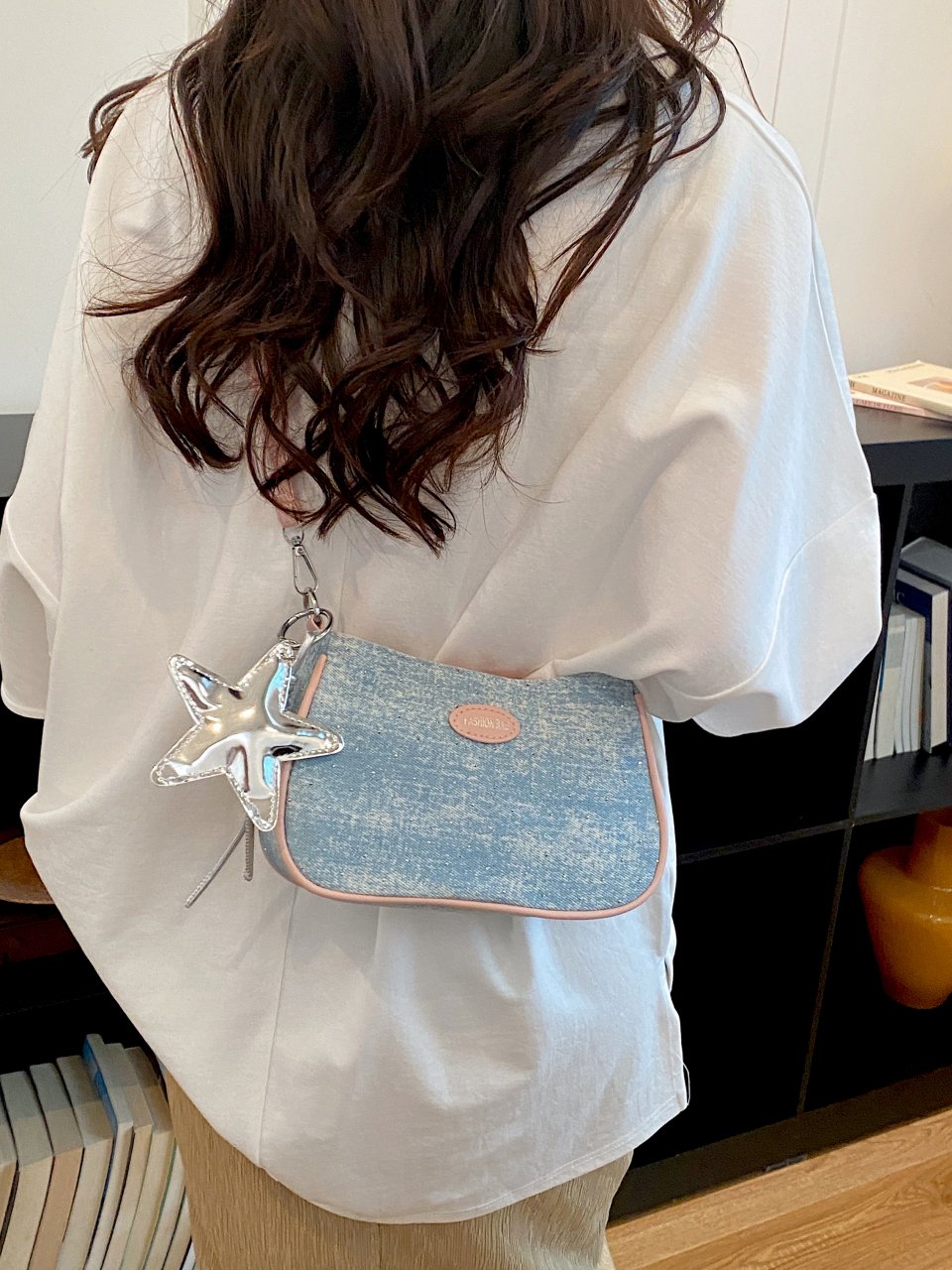 Pink Trim Denim Crossbody Bag