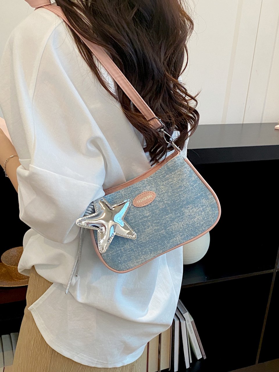 Pink Trim Denim Crossbody Bag