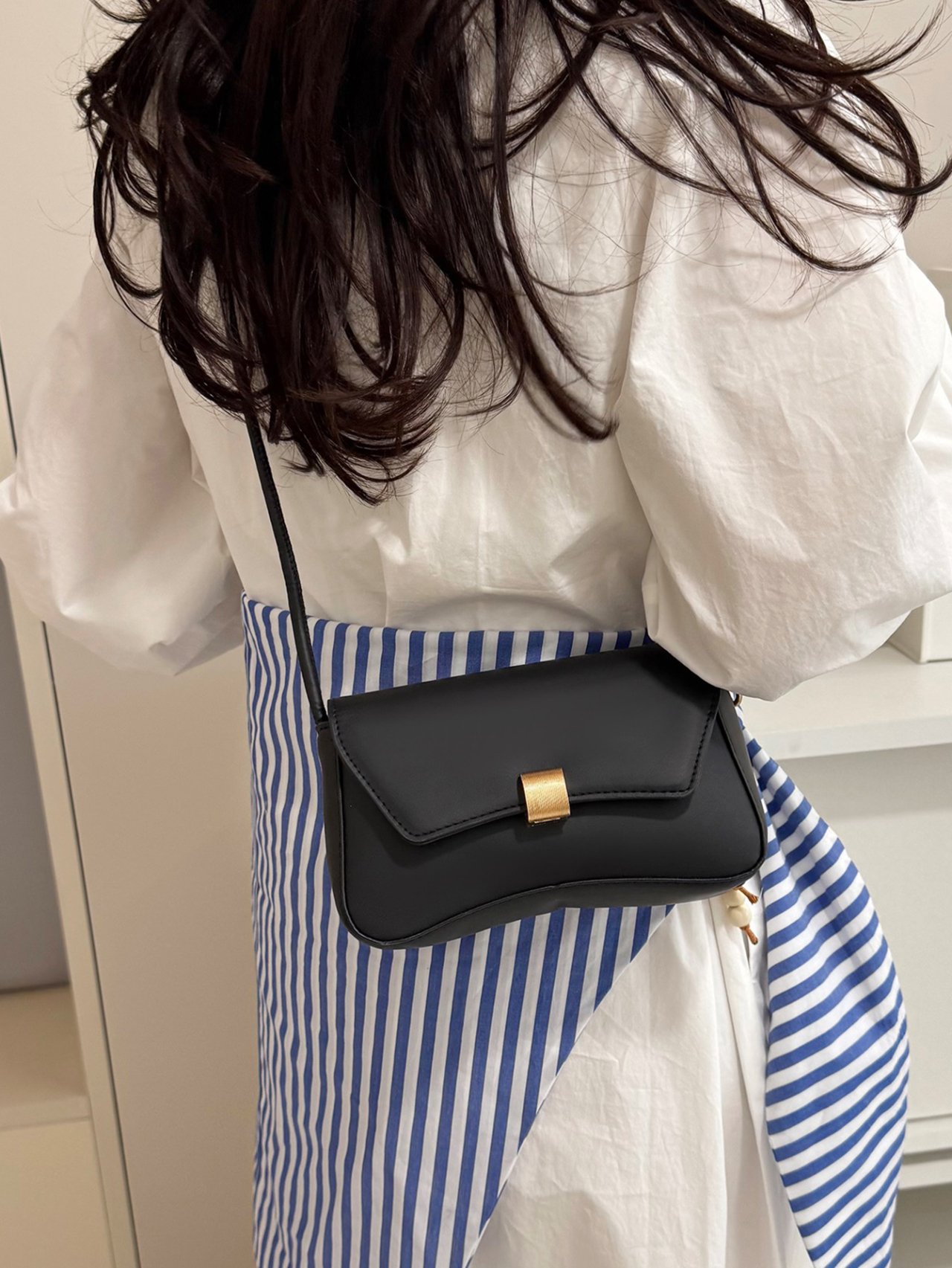 Black Faux Leather Crossbody Bag with Gold Clasp
