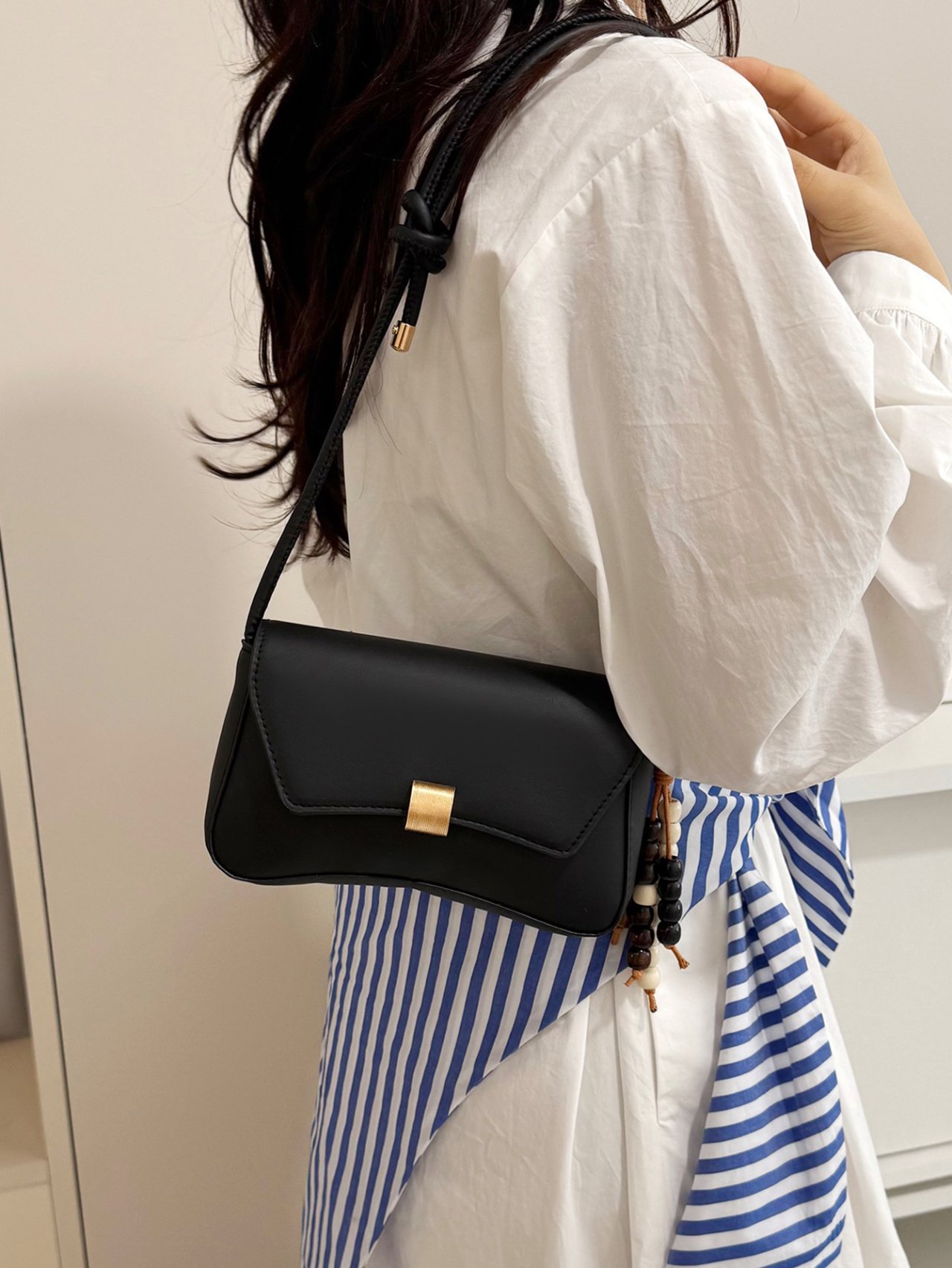 Black Faux Leather Crossbody Bag with Gold Clasp
