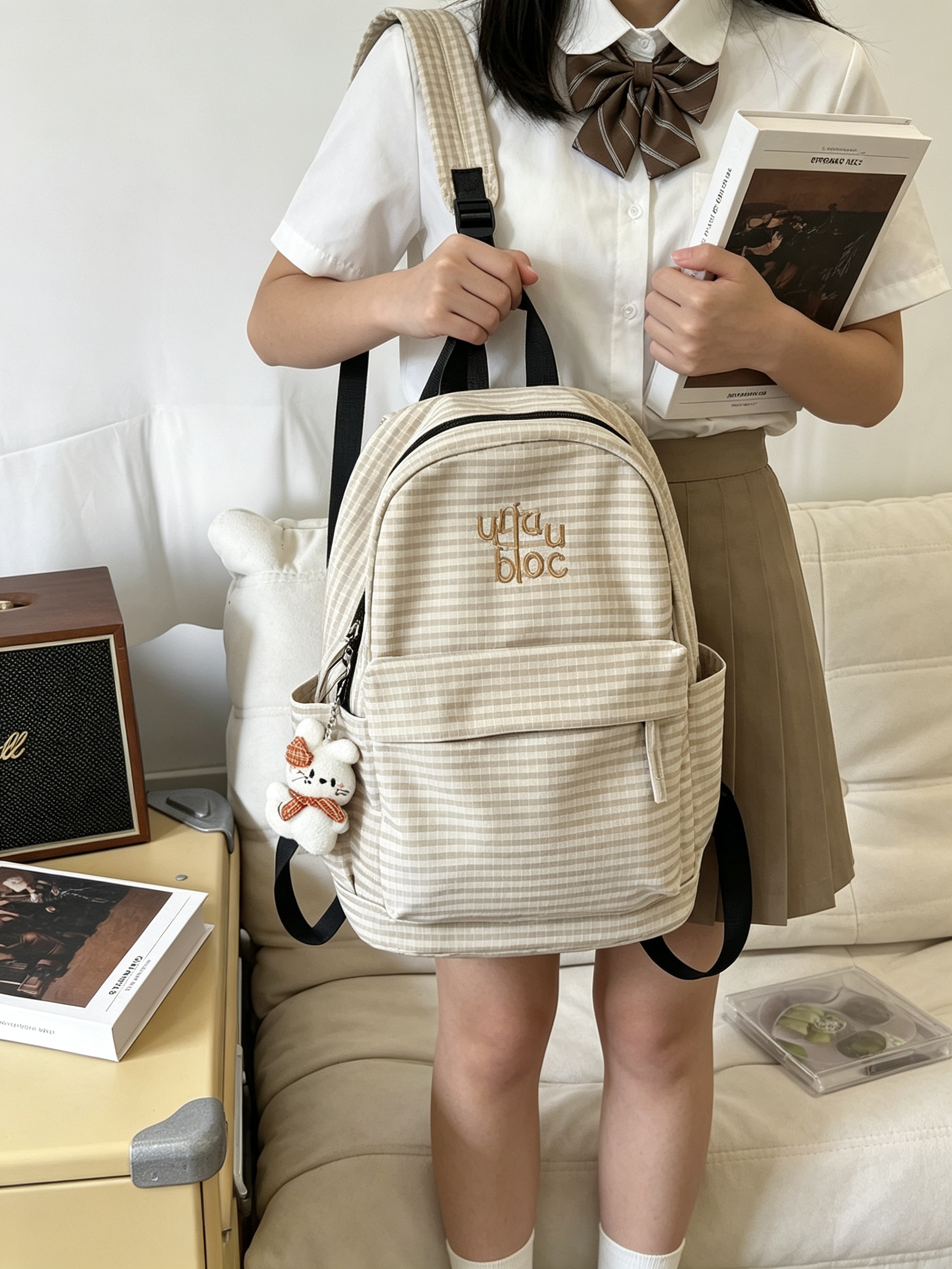 Khaki Striped Casual Backpack