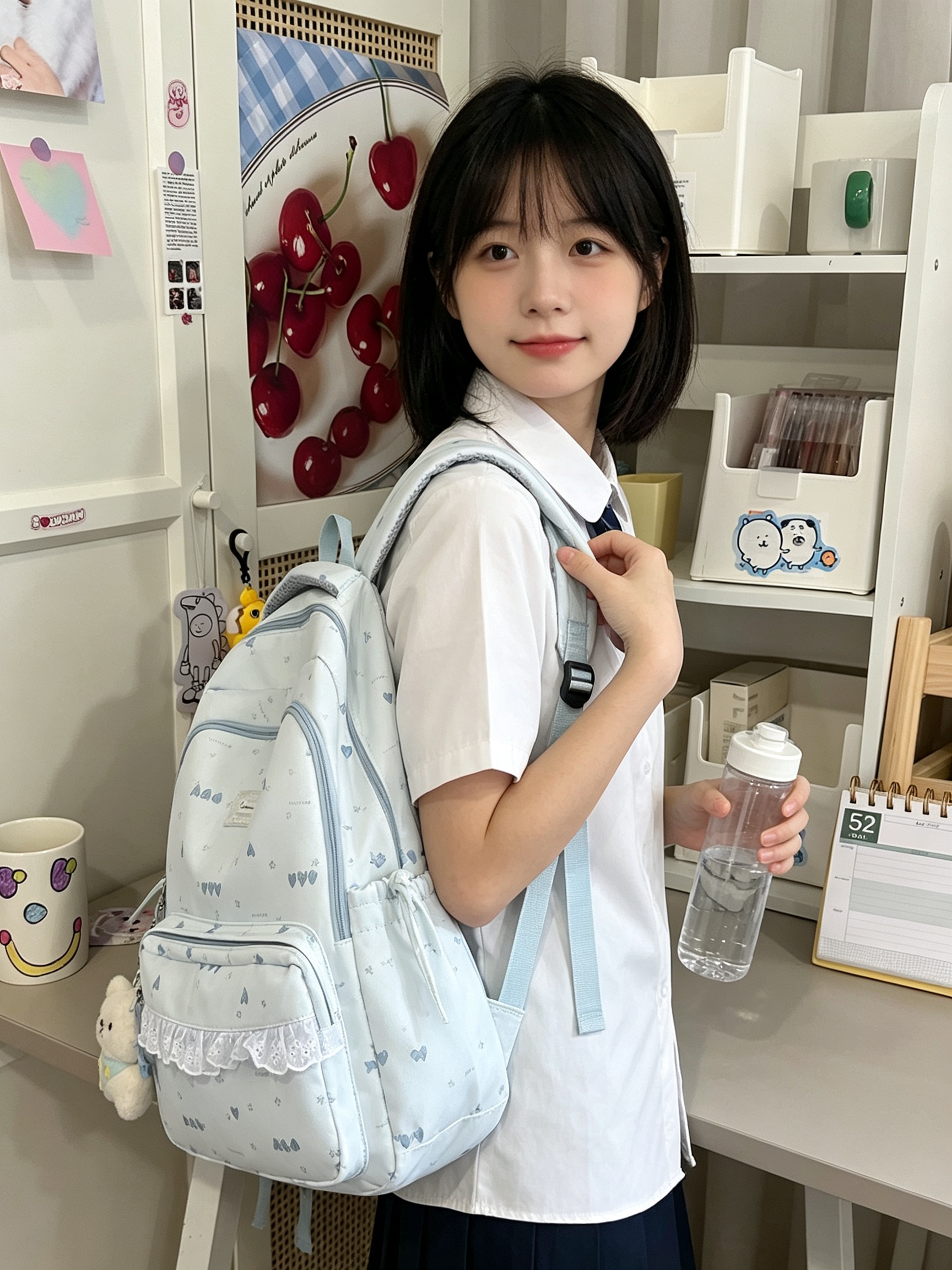 Blue Heart Print Backpack with Lace Trim